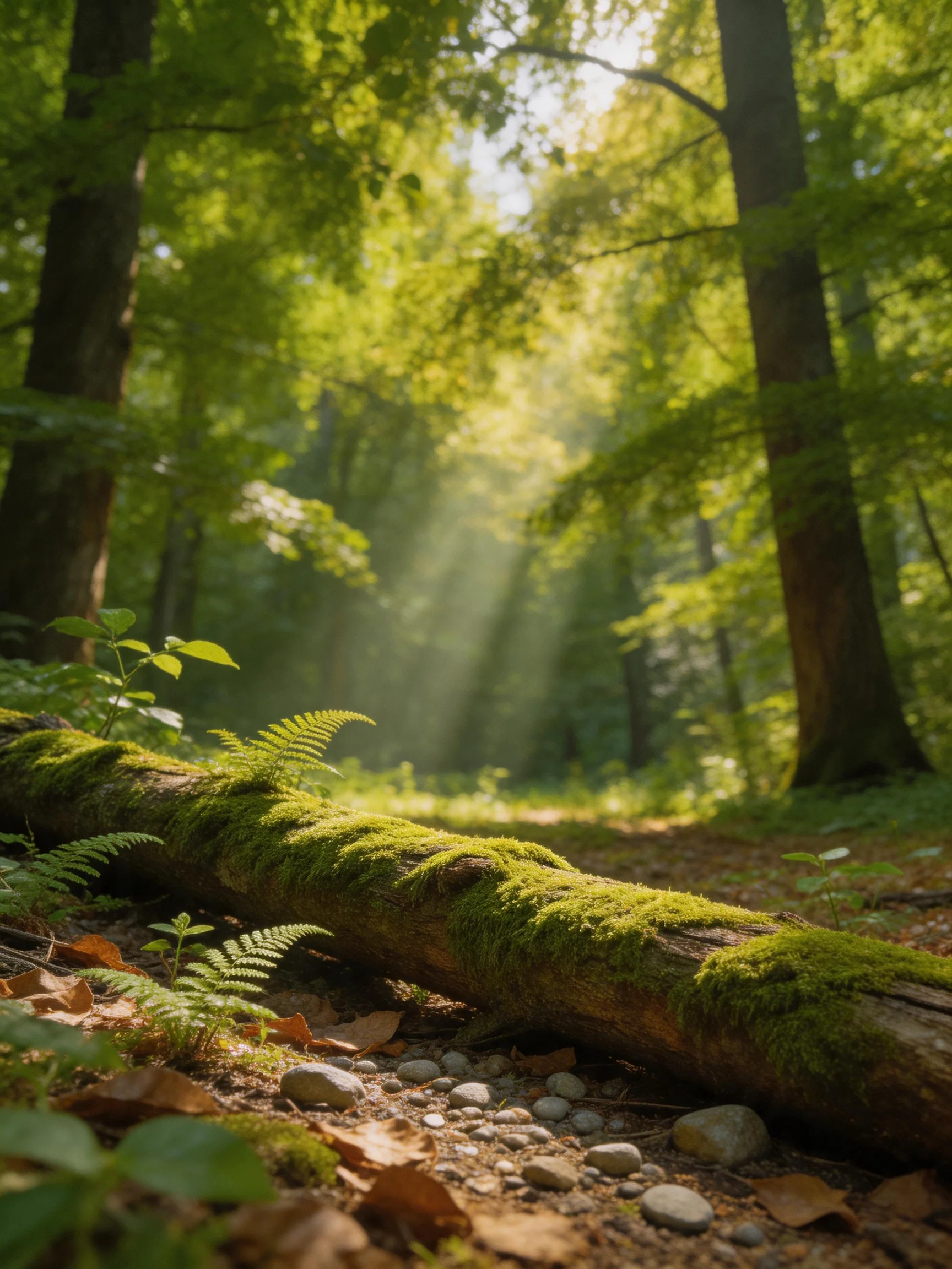 A moss-covered log in a sun-drenched lush forest with filtering rays