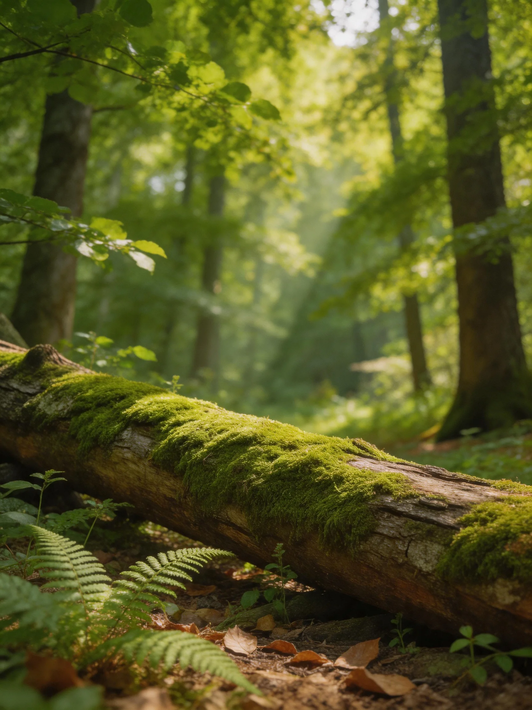 A moss-covered log lies amid ferns and tall trees in a sun-dappled forest