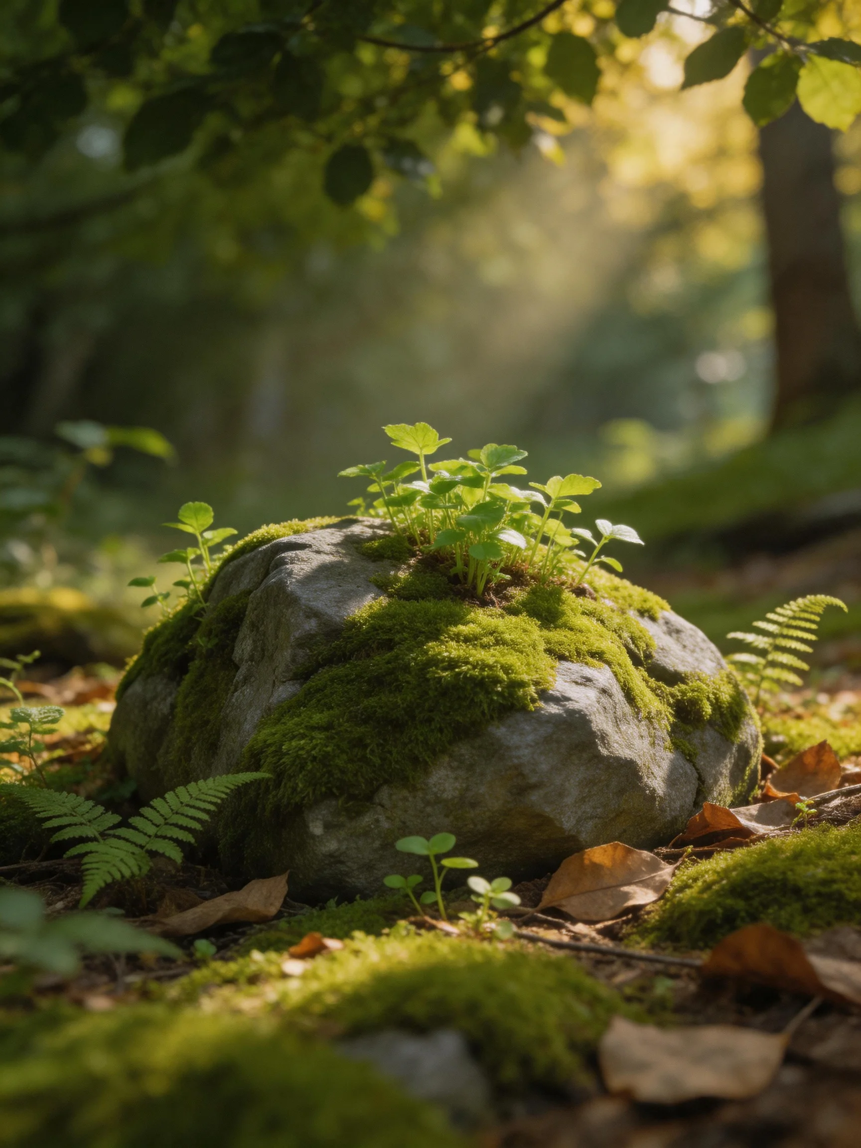 A moss-covered rock with greenery in sun-dappled forest