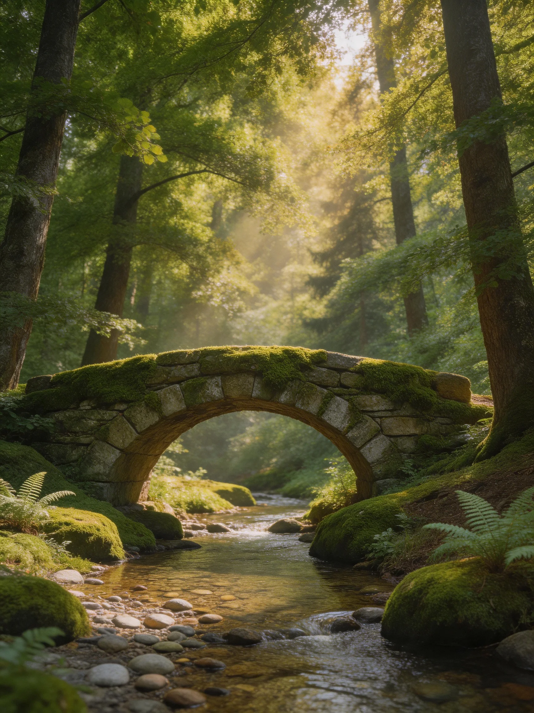 A moss-covered stone arch bridge spans a sunlit forest stream