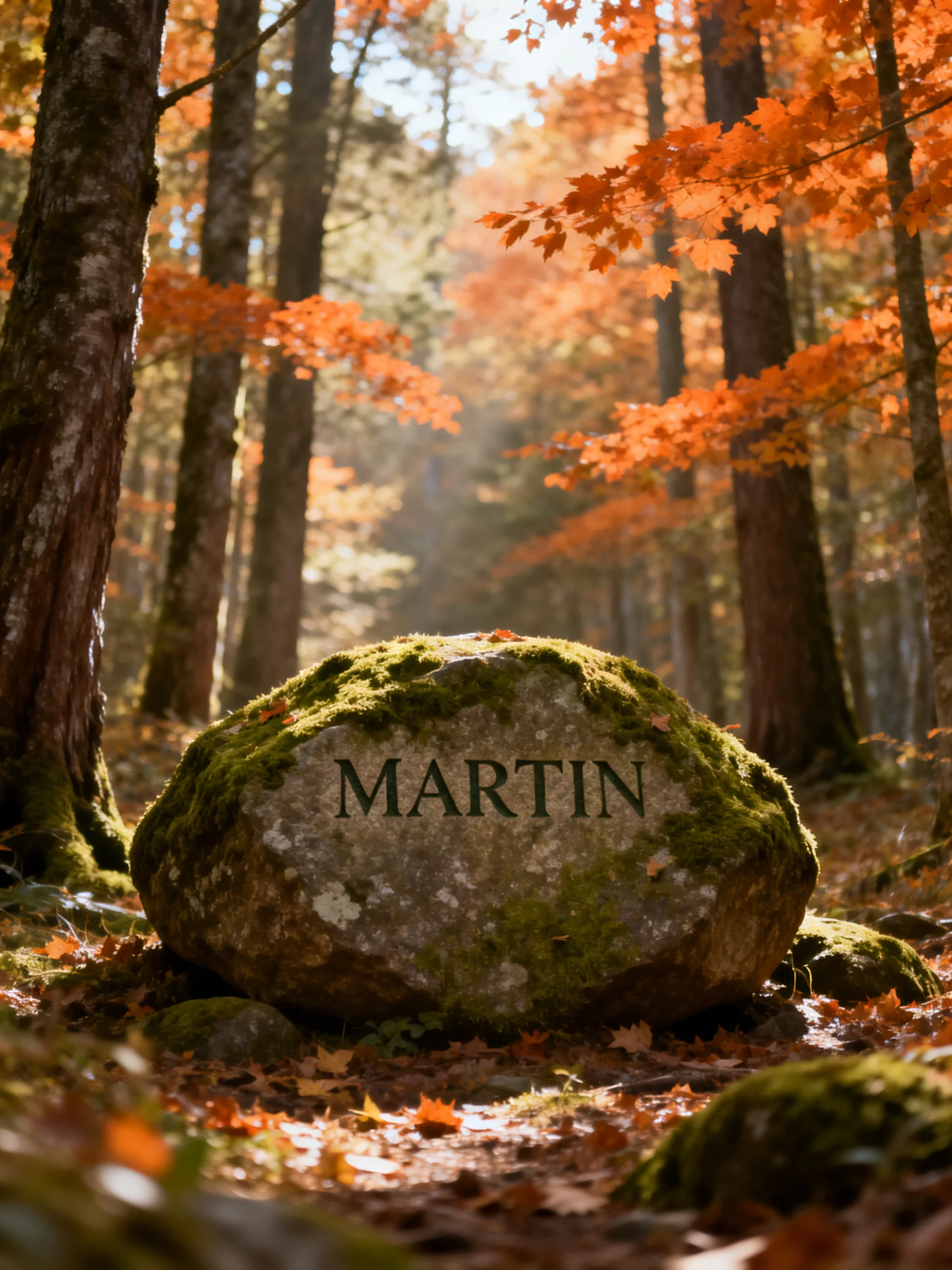 A moss-covered stone inscribed Martin in a sun-dappled autumn forest