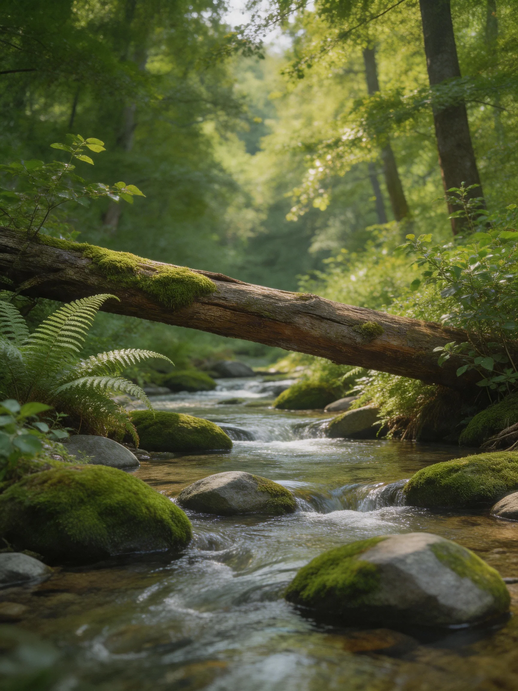 A moss-covered stream flows under a fallen log amid lush greenery