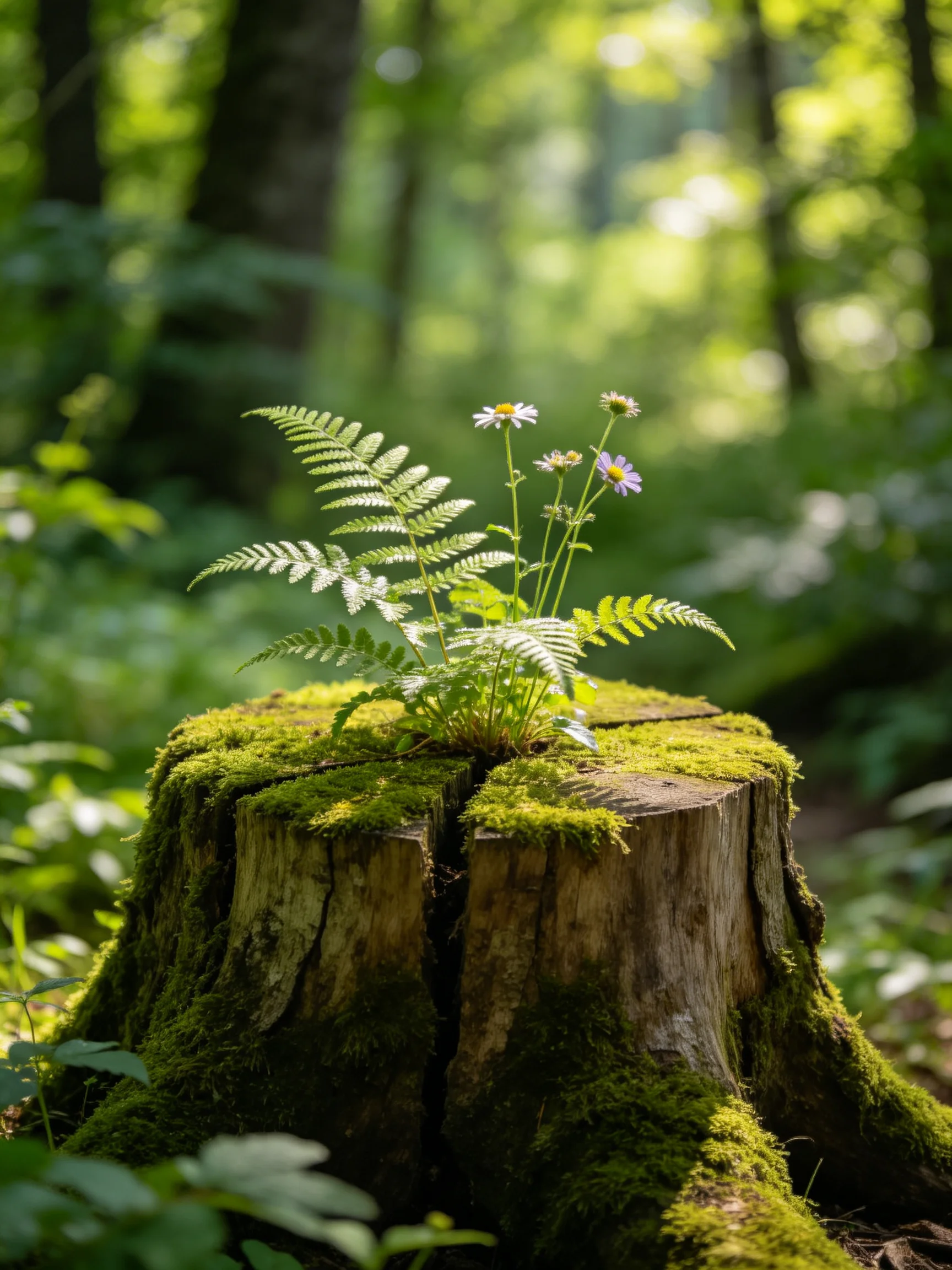 A moss-covered tree stump with ferns and wildflowers in a sunlit forest