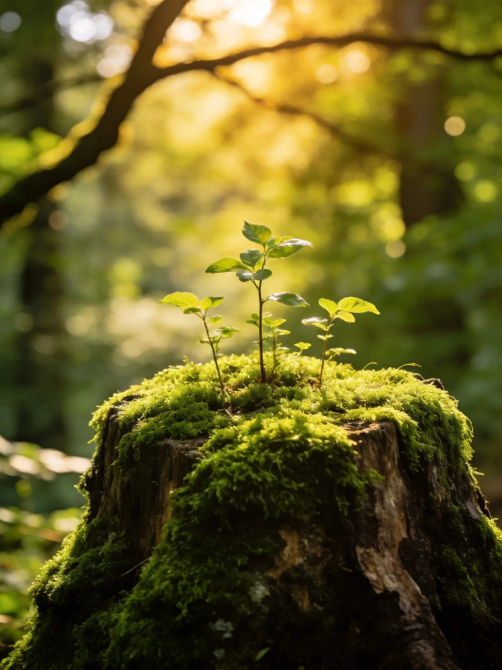 A moss-covered tree stump with three small plants in a sunlit forest
