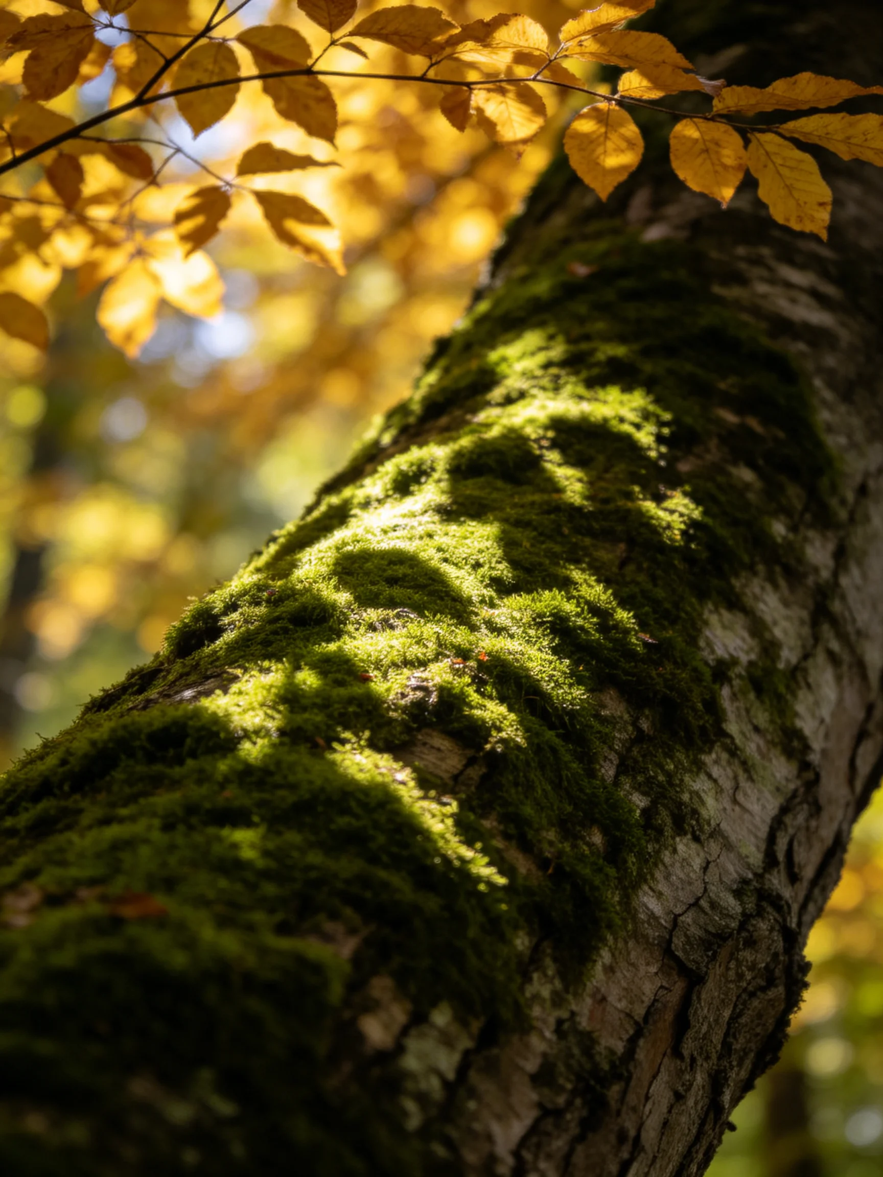 A moss-covered tree trunk with golden autumn leaves and dappled sunlight
