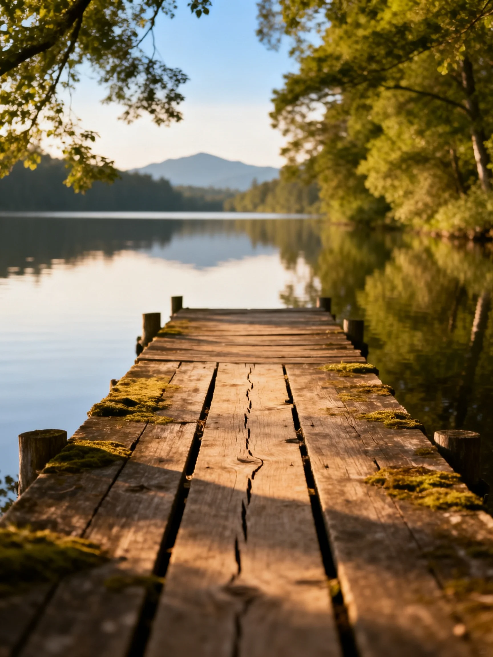 A moss-covered wooden dock stretches toward a serene lakeside landscape