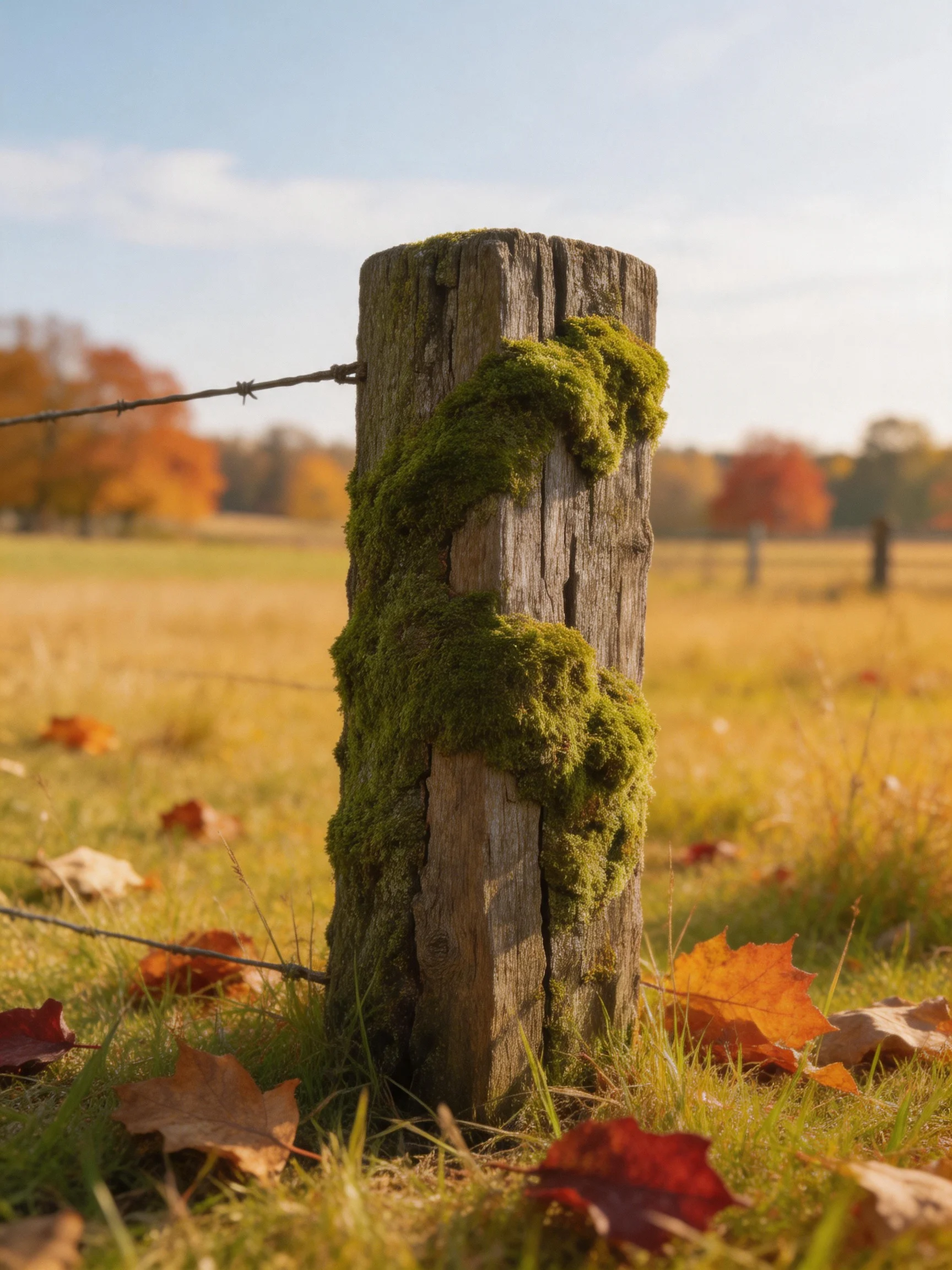 A moss-covered wooden post near fallen autumn leaves in a golden field