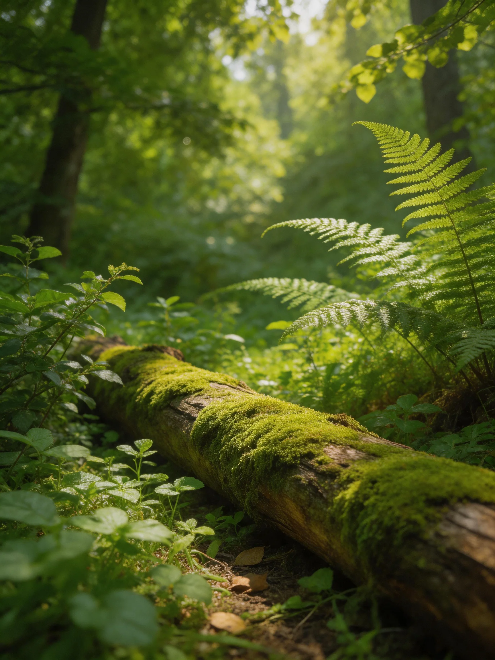 A moss-draped log lies amid vibrant ferns in a sunlit forest