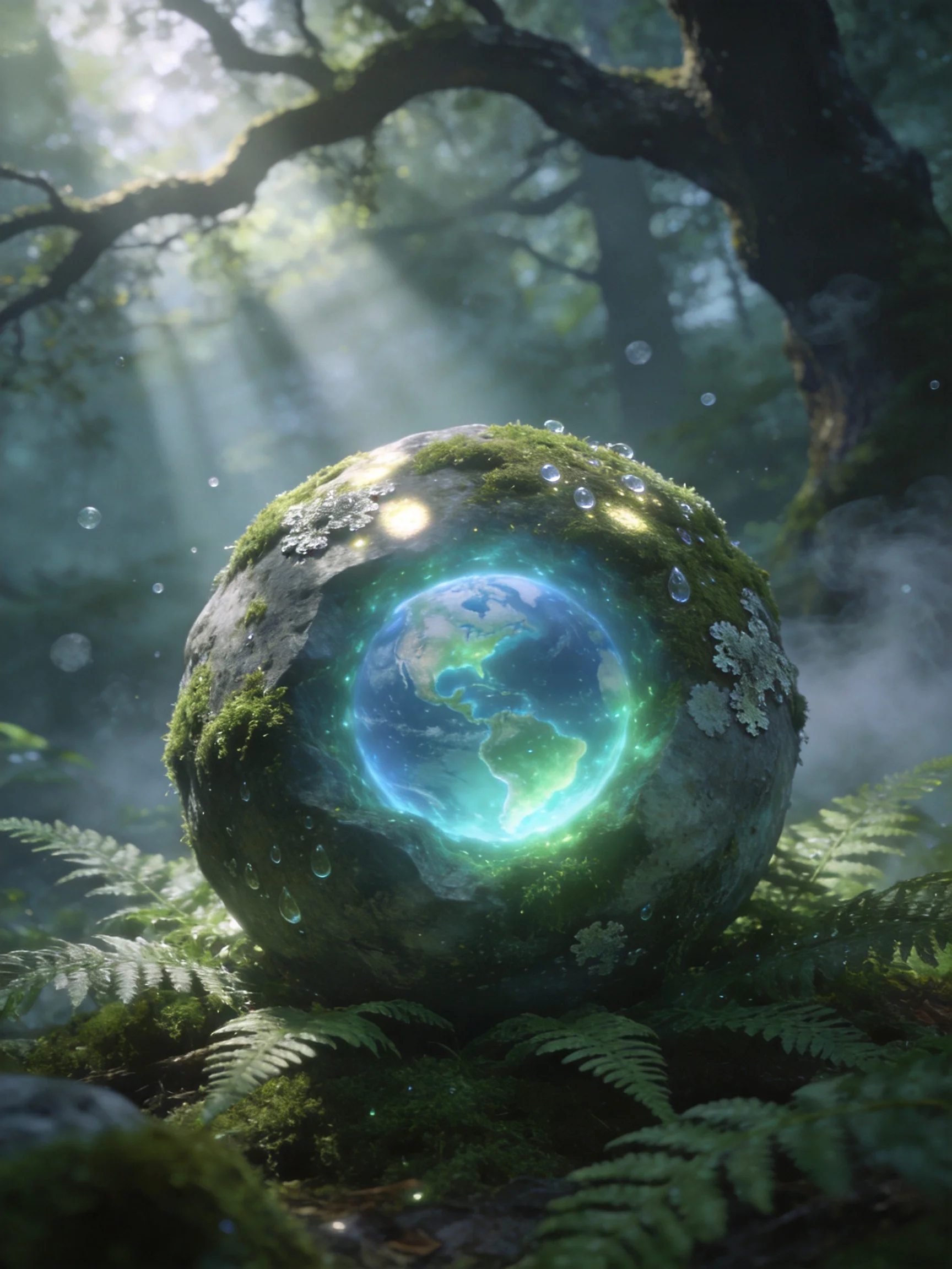 A moss-draped stone sphere encases a glowing Earth in a misty forest
