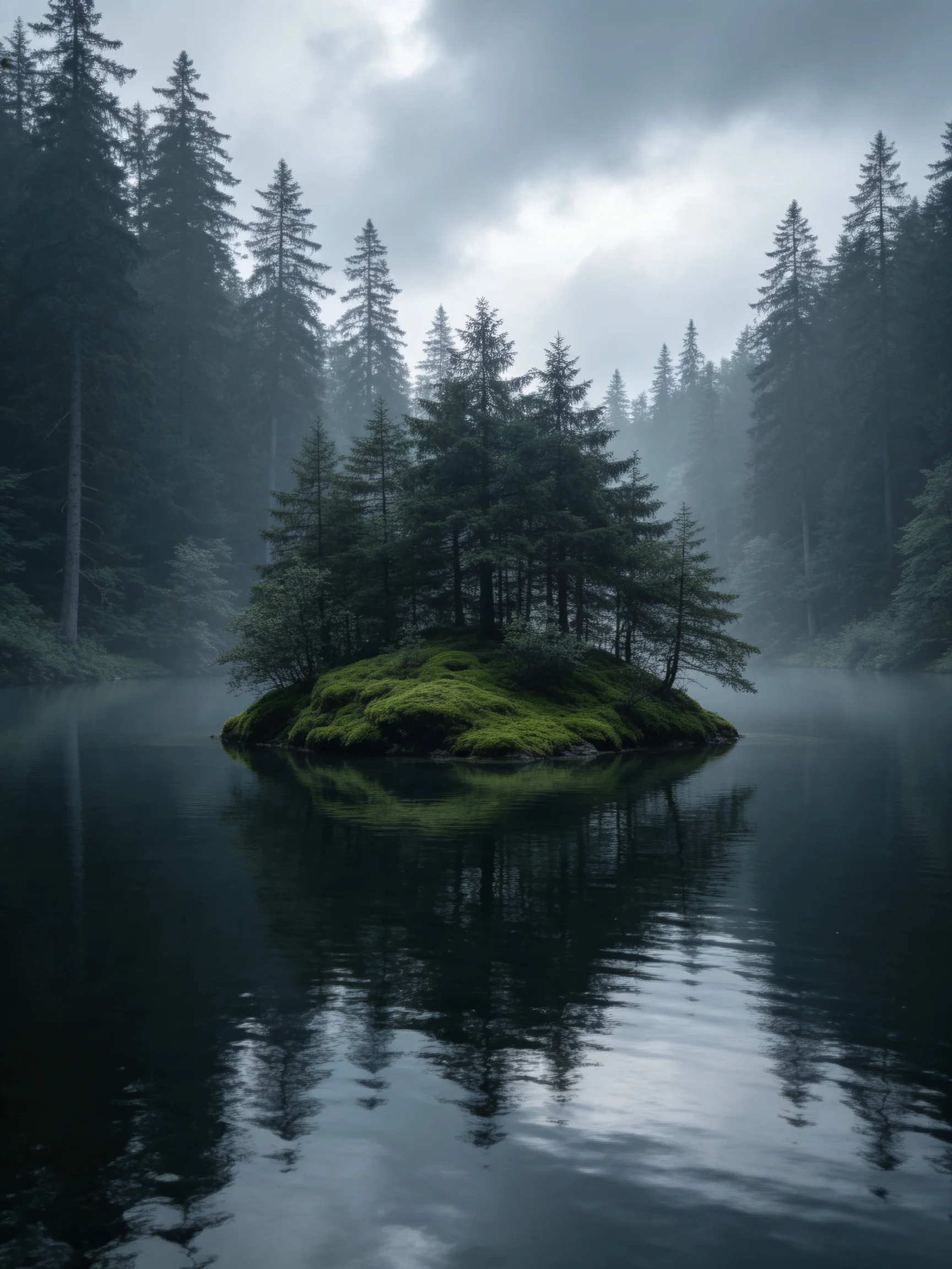 A mossy tree island lies in a misty forest lake