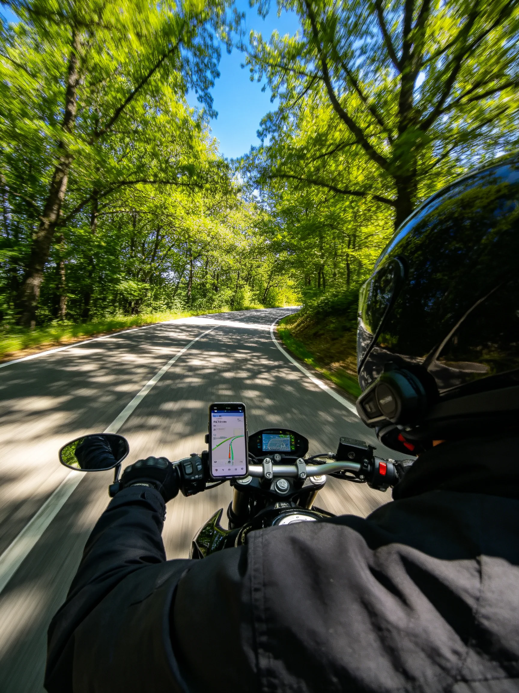 A motorcyclist rides a black bike on a sunlit forest road