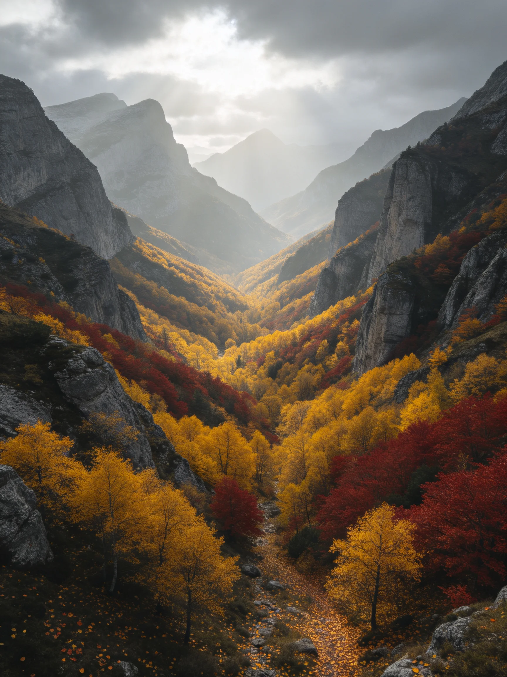 A mountainous canyon with golden and crimson autumn forests