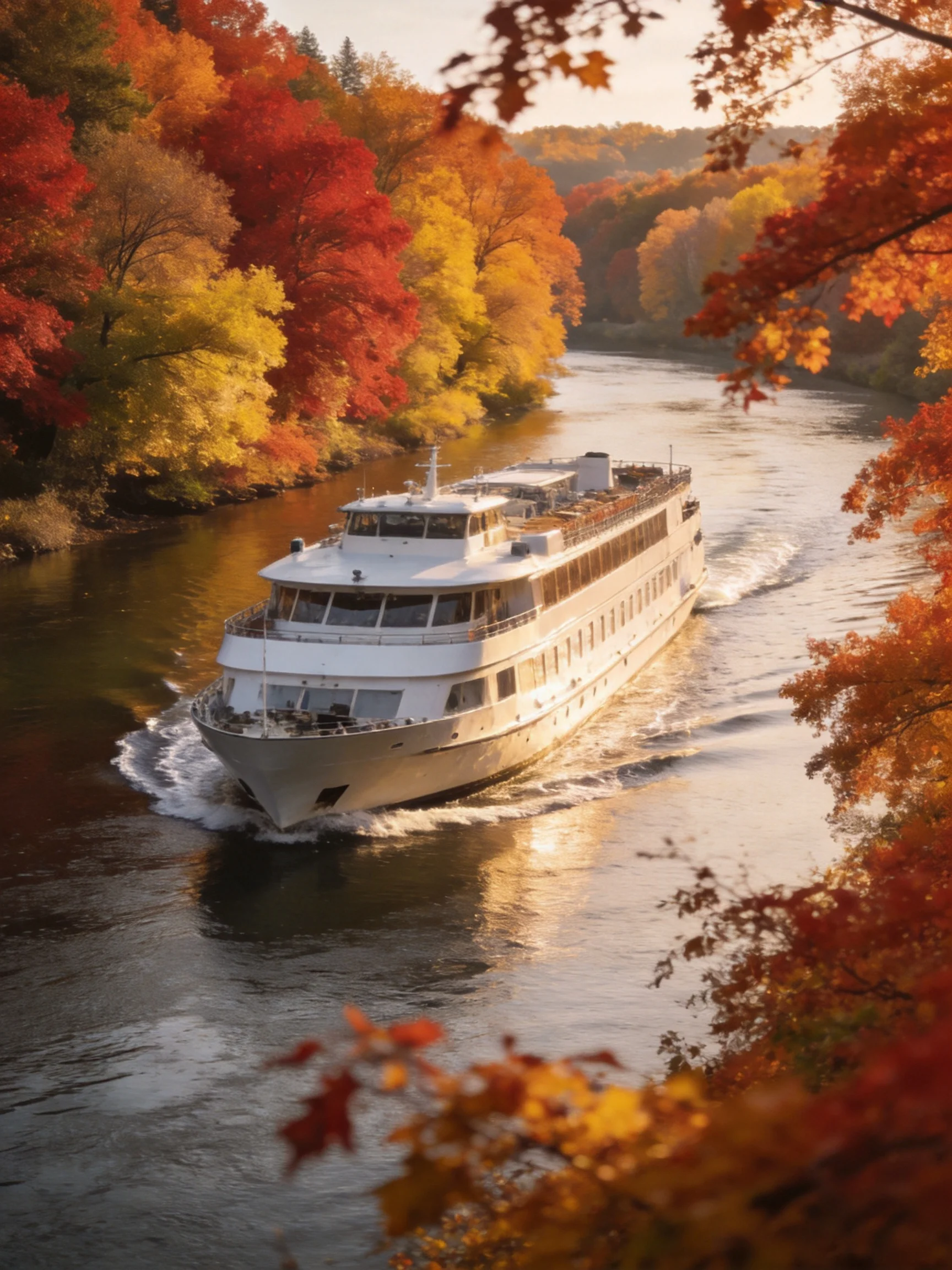 A multi - deck white boat sailing down a river with vibrant fall - colored trees