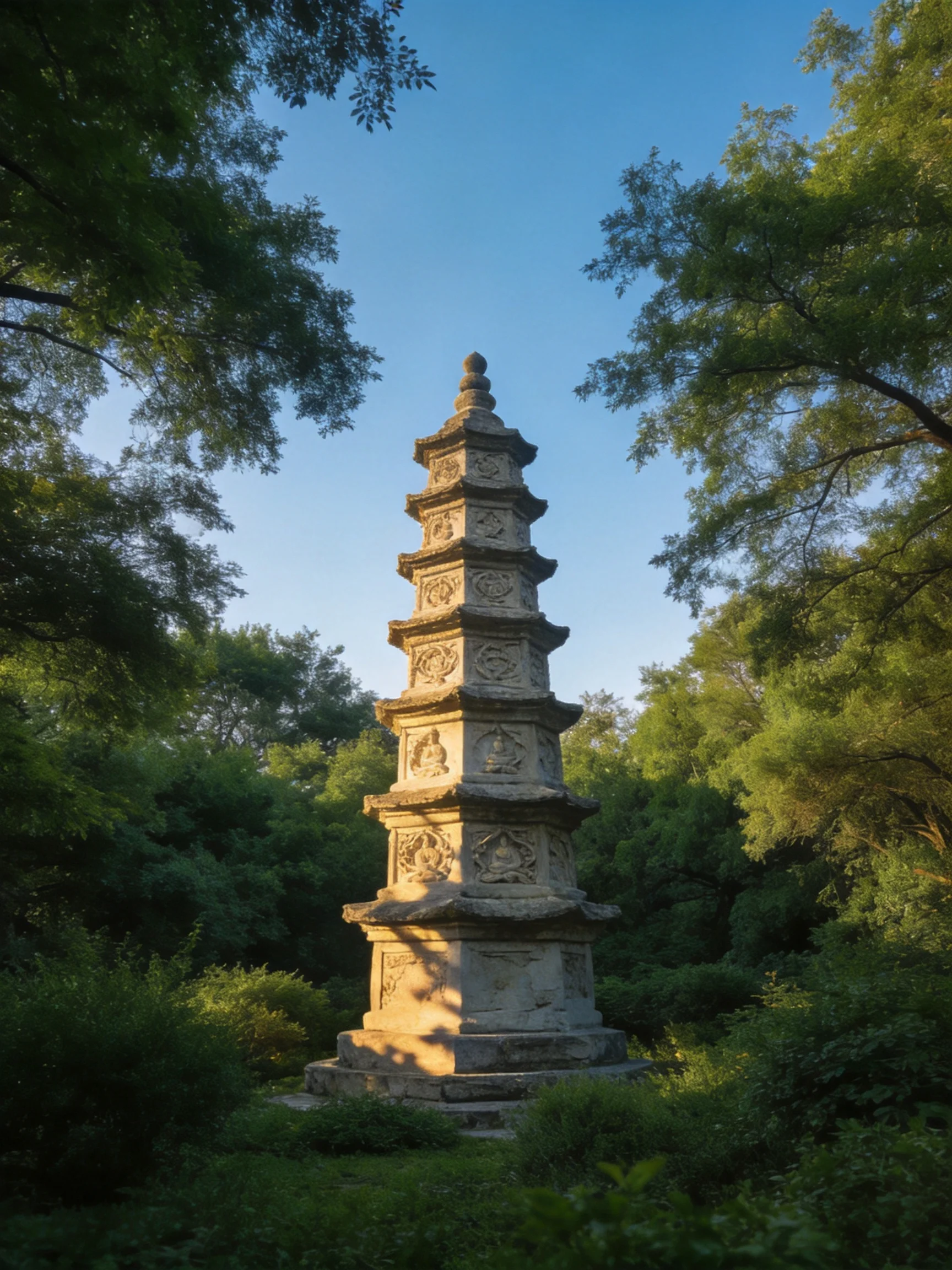 A multi - tiered stone pagoda stands amid lush greenery under clear blue skies.