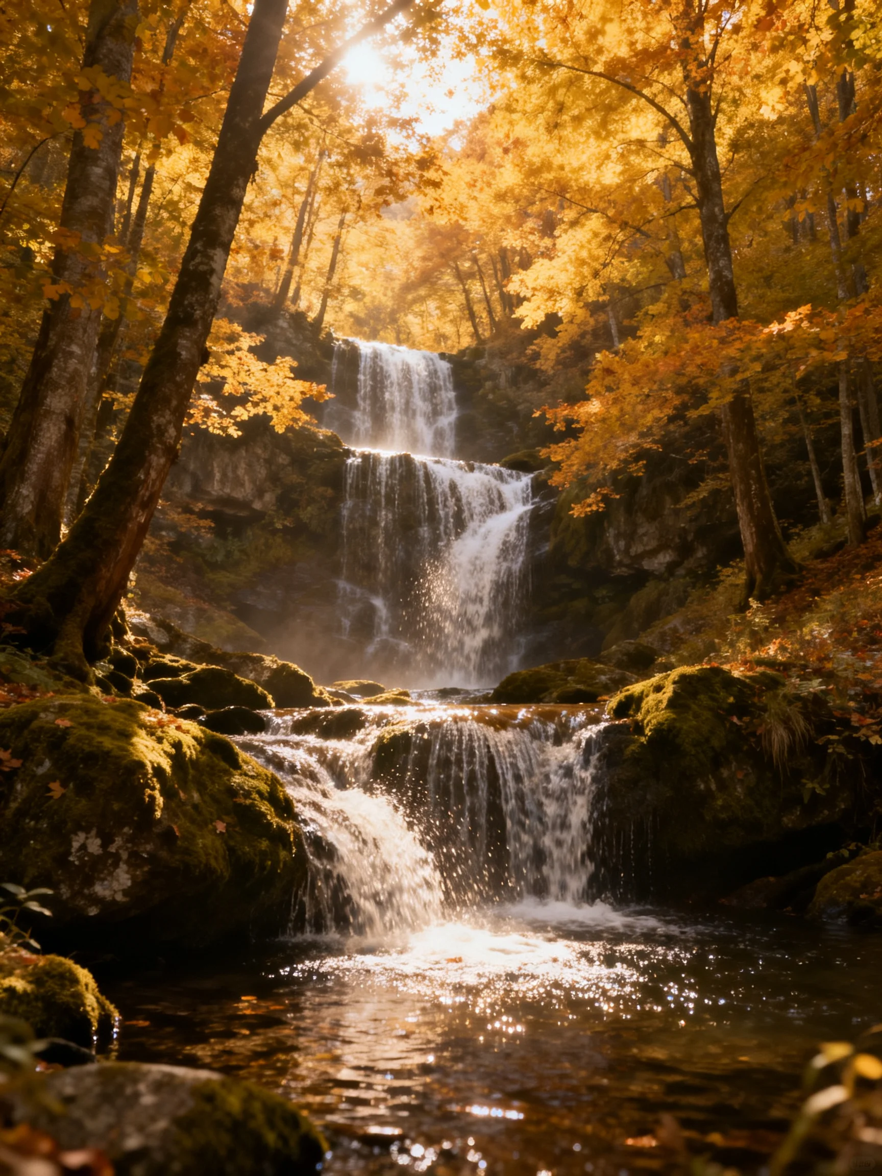 A multi-tiered waterfall amid golden autumn foliage in a sunlit forest