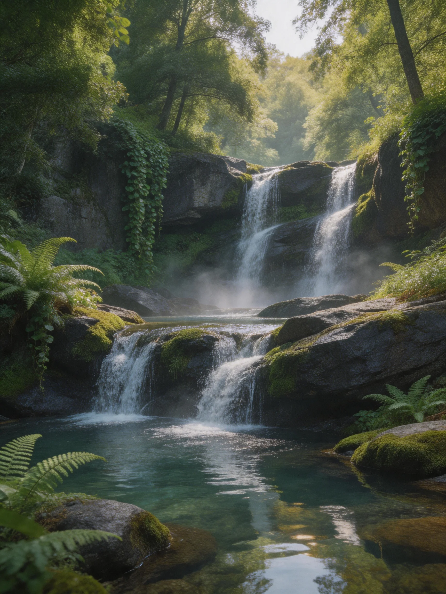 A multi-tiered waterfall surrounded by lush greenery and mossy rocks