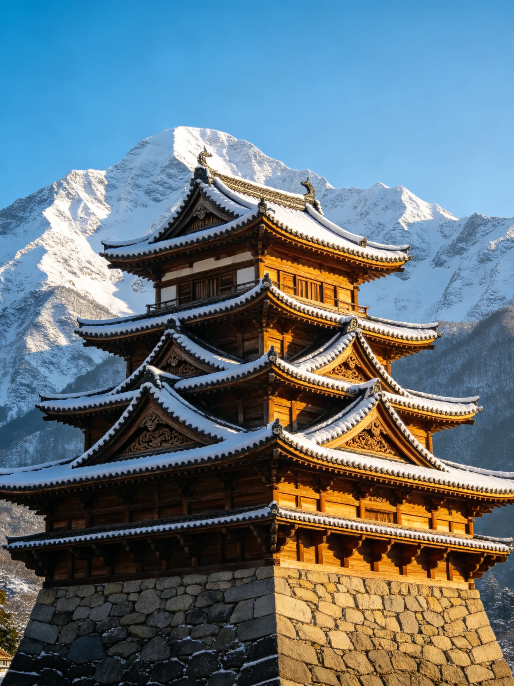 A multi-tiered wooden tower with snow-covered roofs near snowy mountains