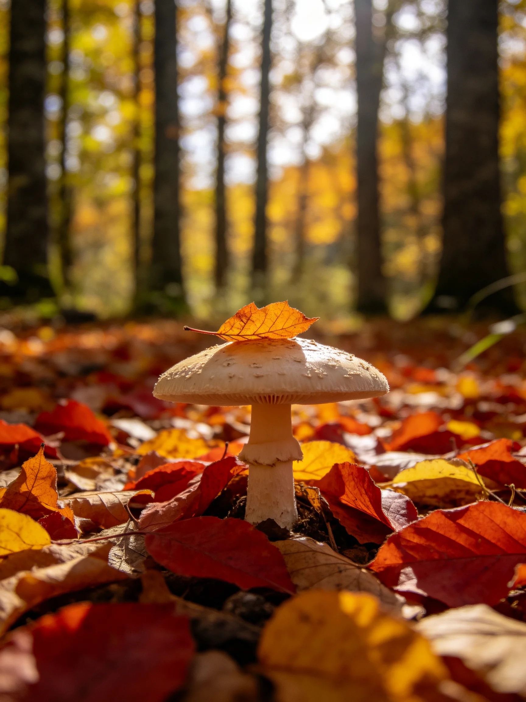 A mushroom among colorful autumn leaves