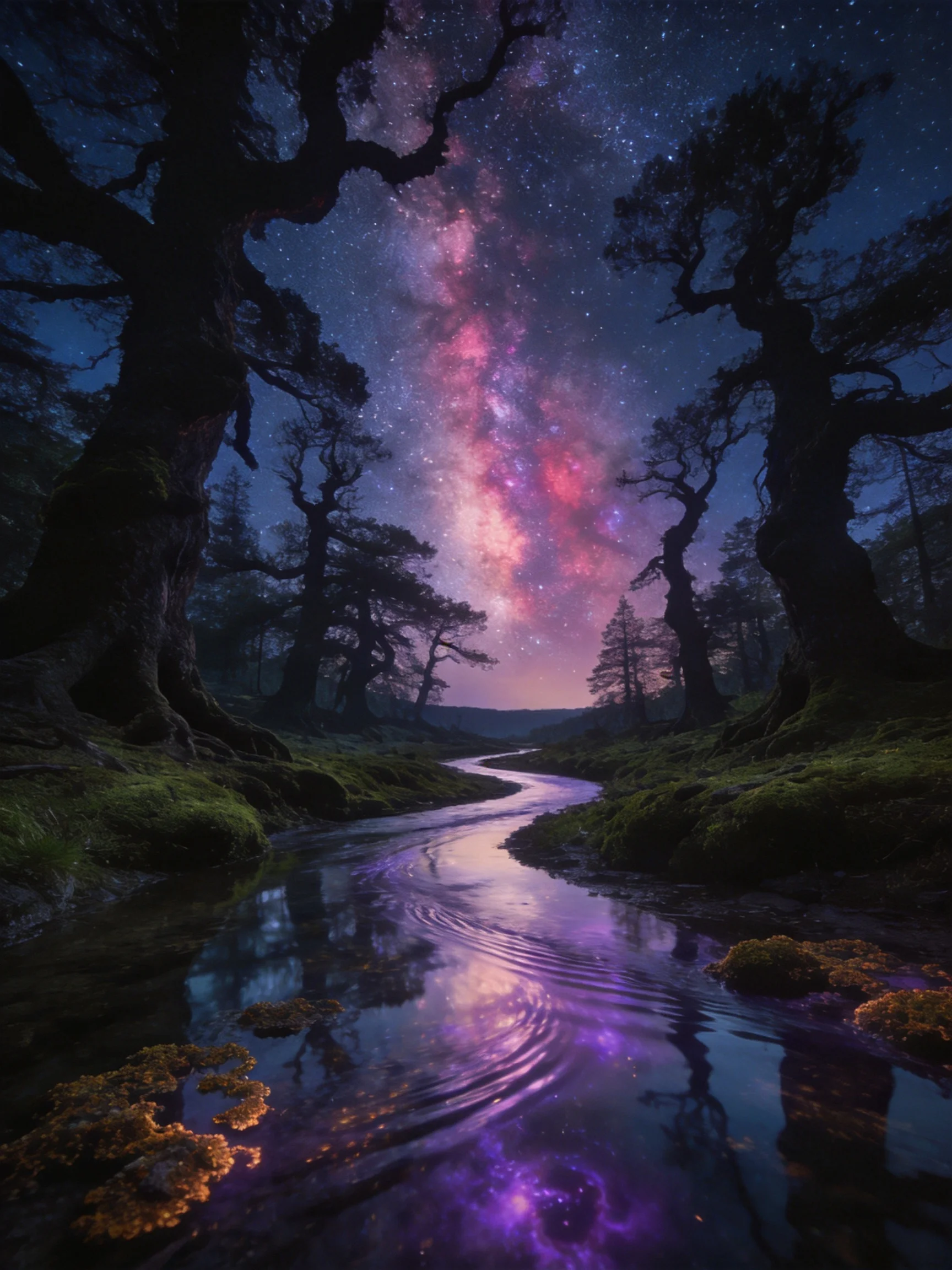 A mystical forest night with Milky Way reflected in a winding stream