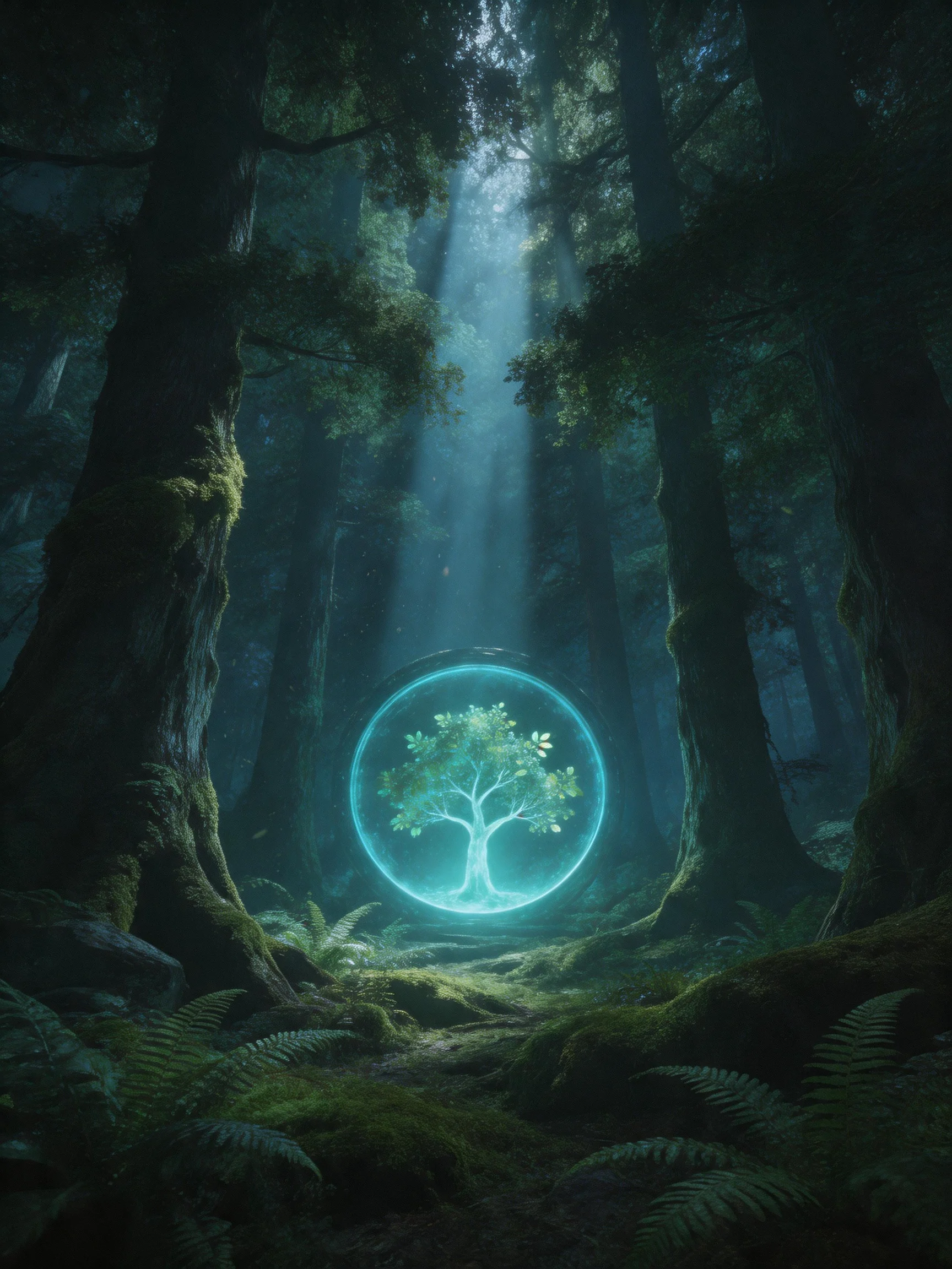 A mystical forest with a glowing tree inside a blue circular portal