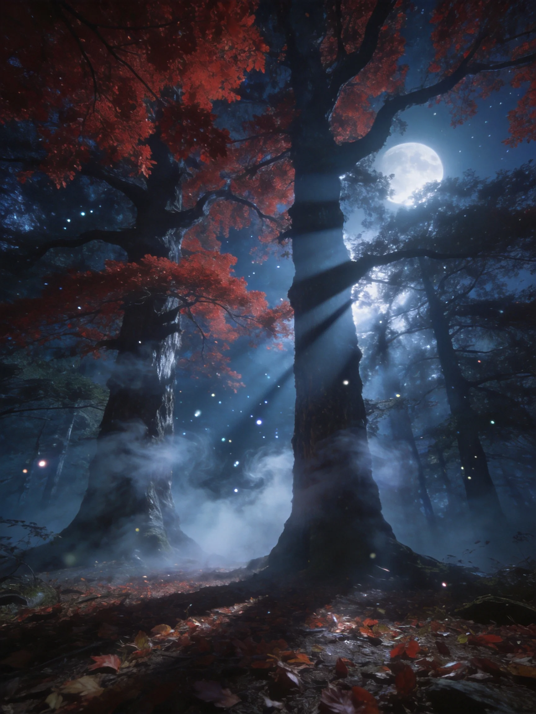 A mystical forest with towering trees, crimson foliage, and moonlit mist
