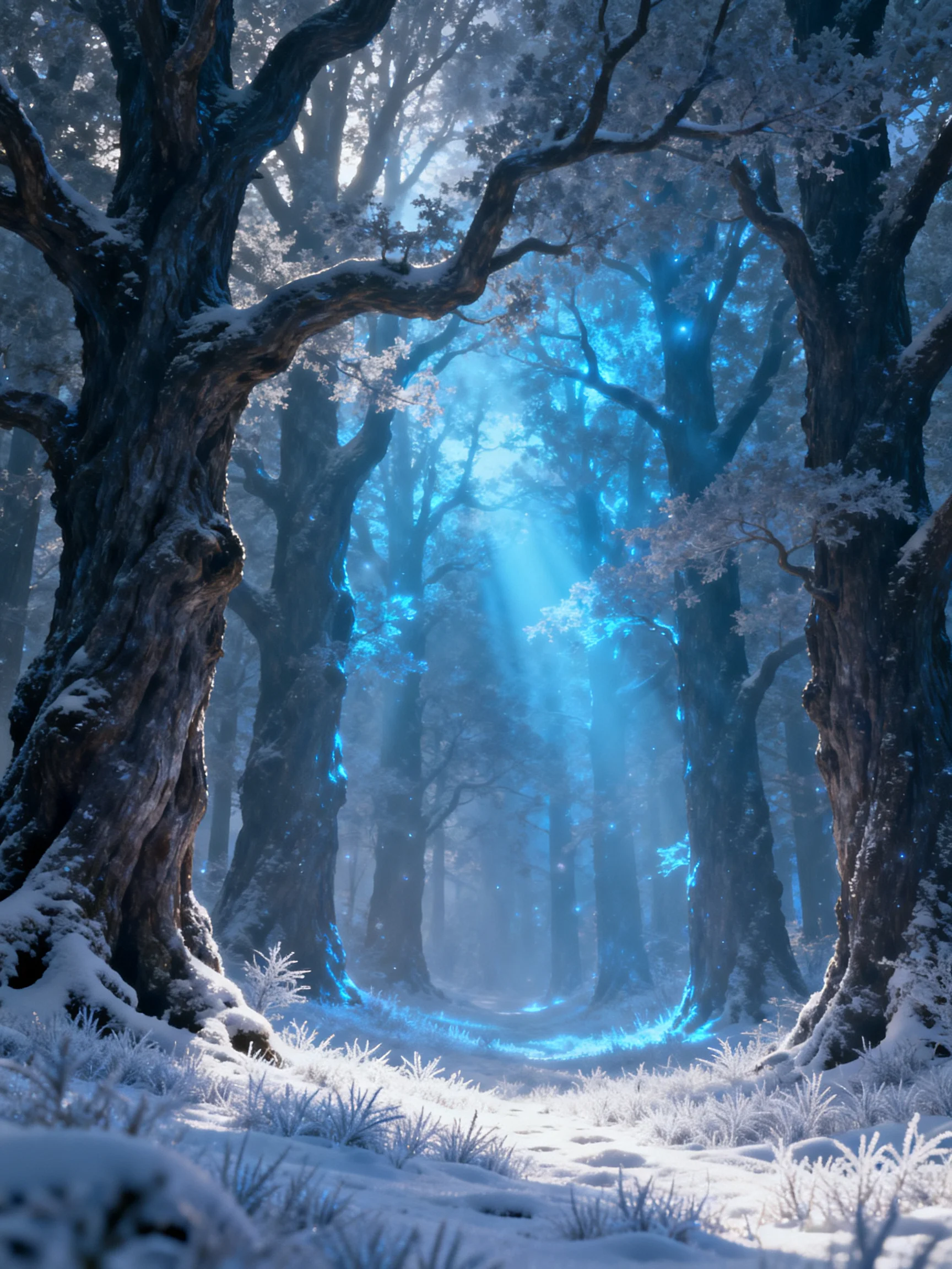 A mystical winter forest with glowing blue light beams