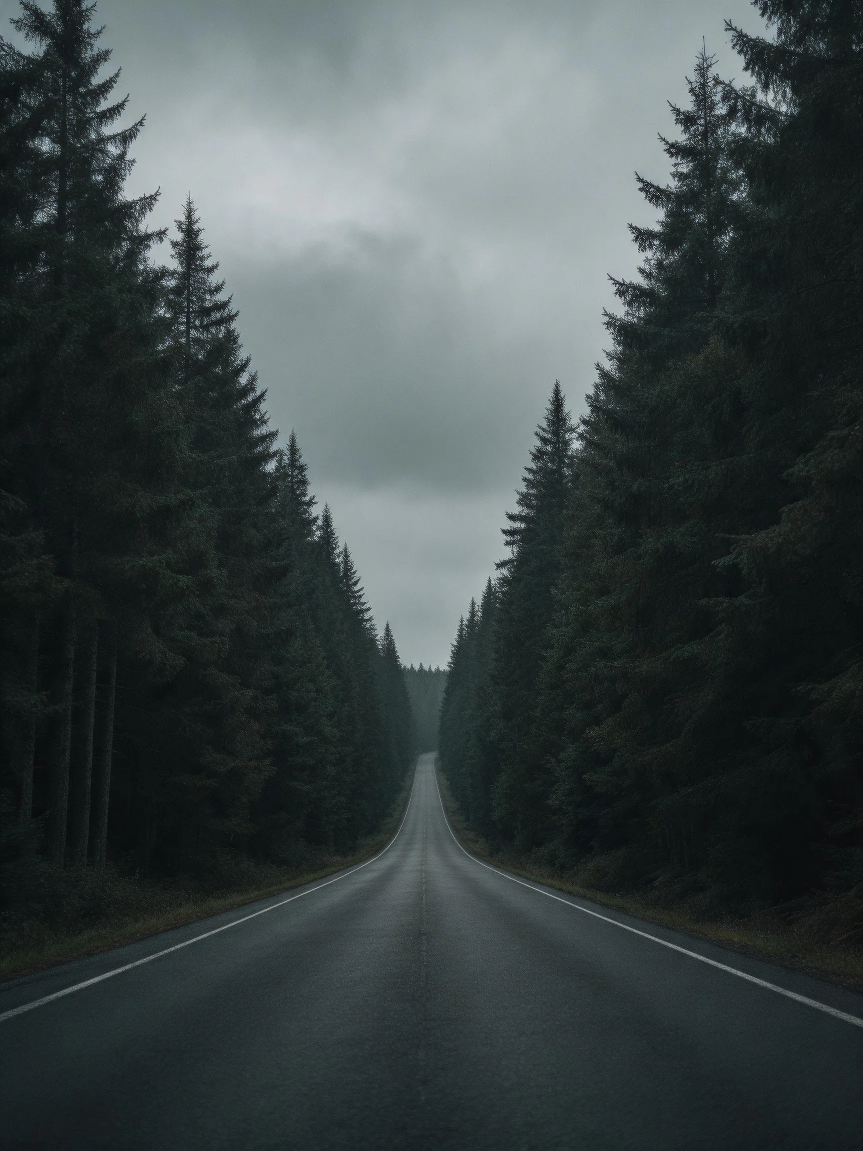 A narrow asphalt road flanked by dense evergreen forests under an overcast gray sky