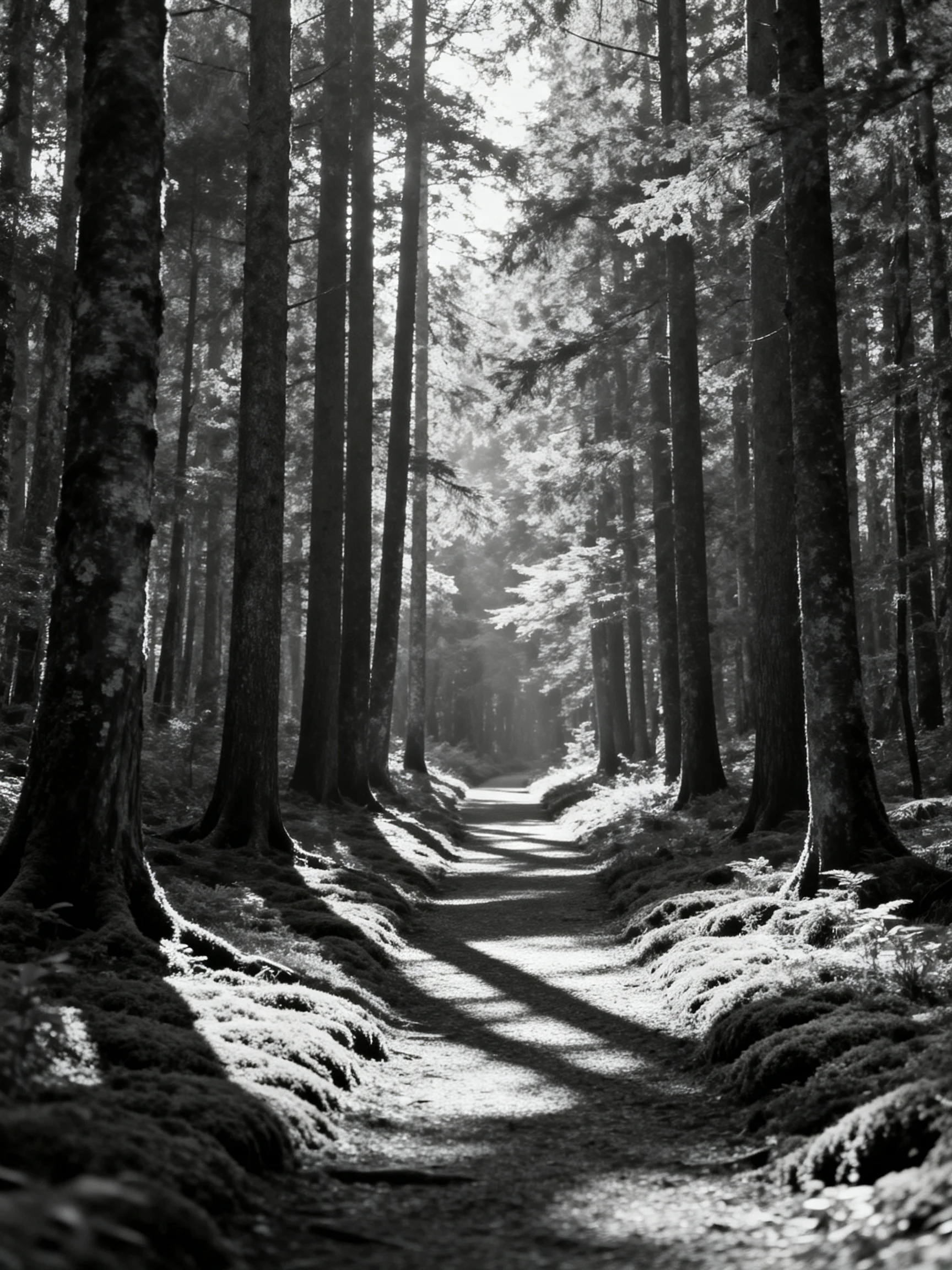 A narrow forest path flanked by tall trees in monochrome light