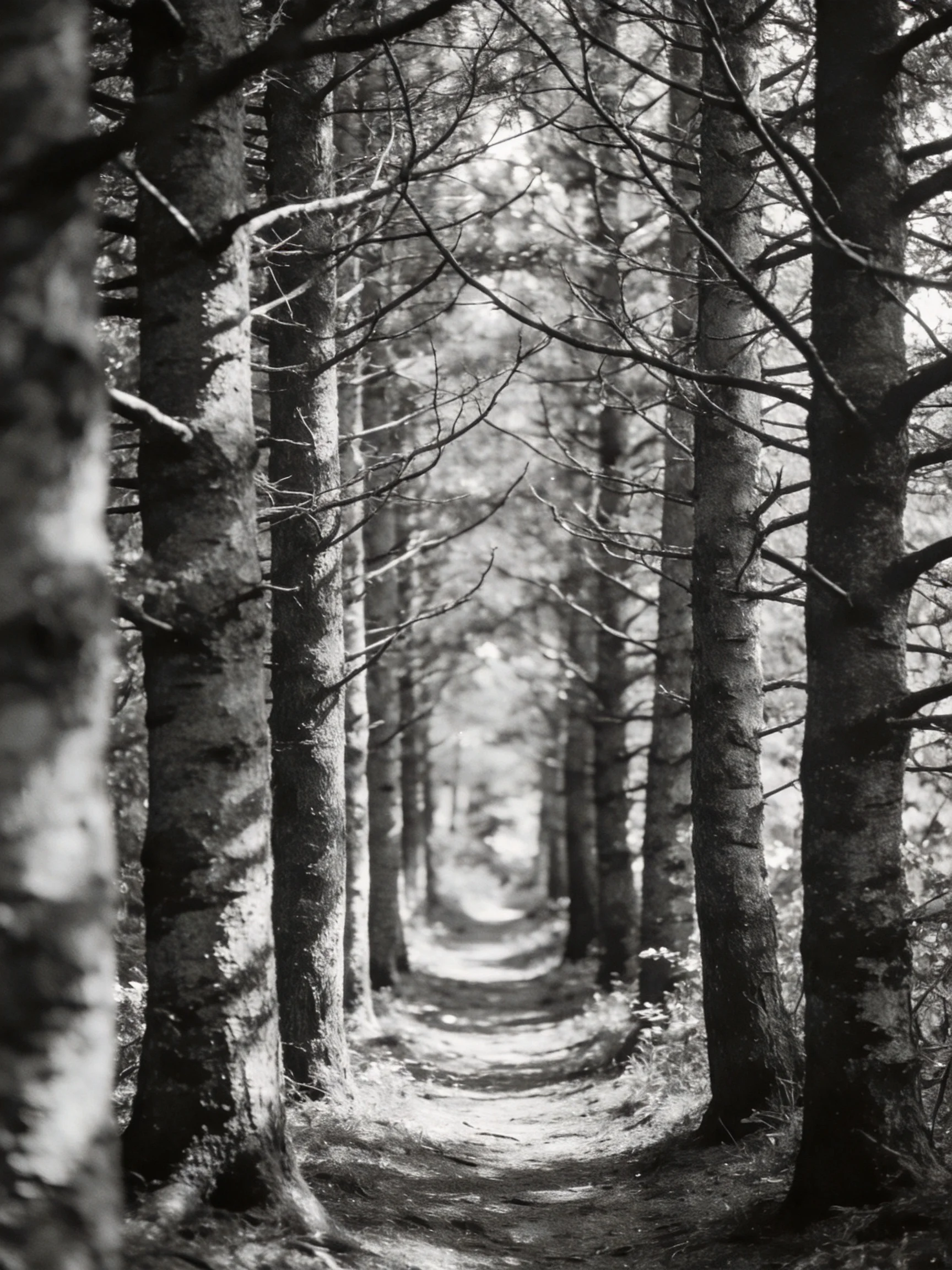 A narrow forest path lined with tall, textured tree trunks in black and white