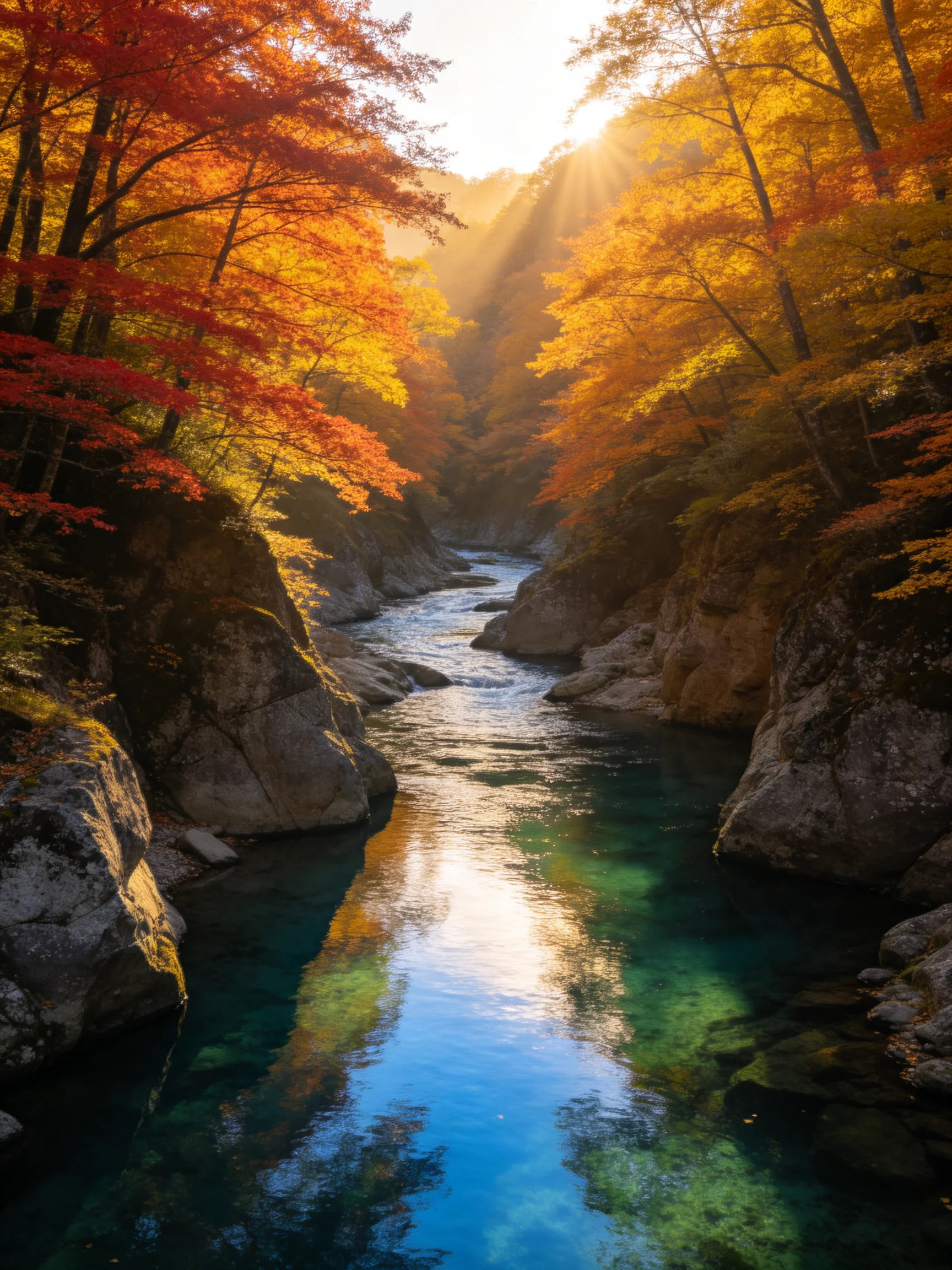 A narrow river winds through vibrant autumn forest with golden and crimson trees