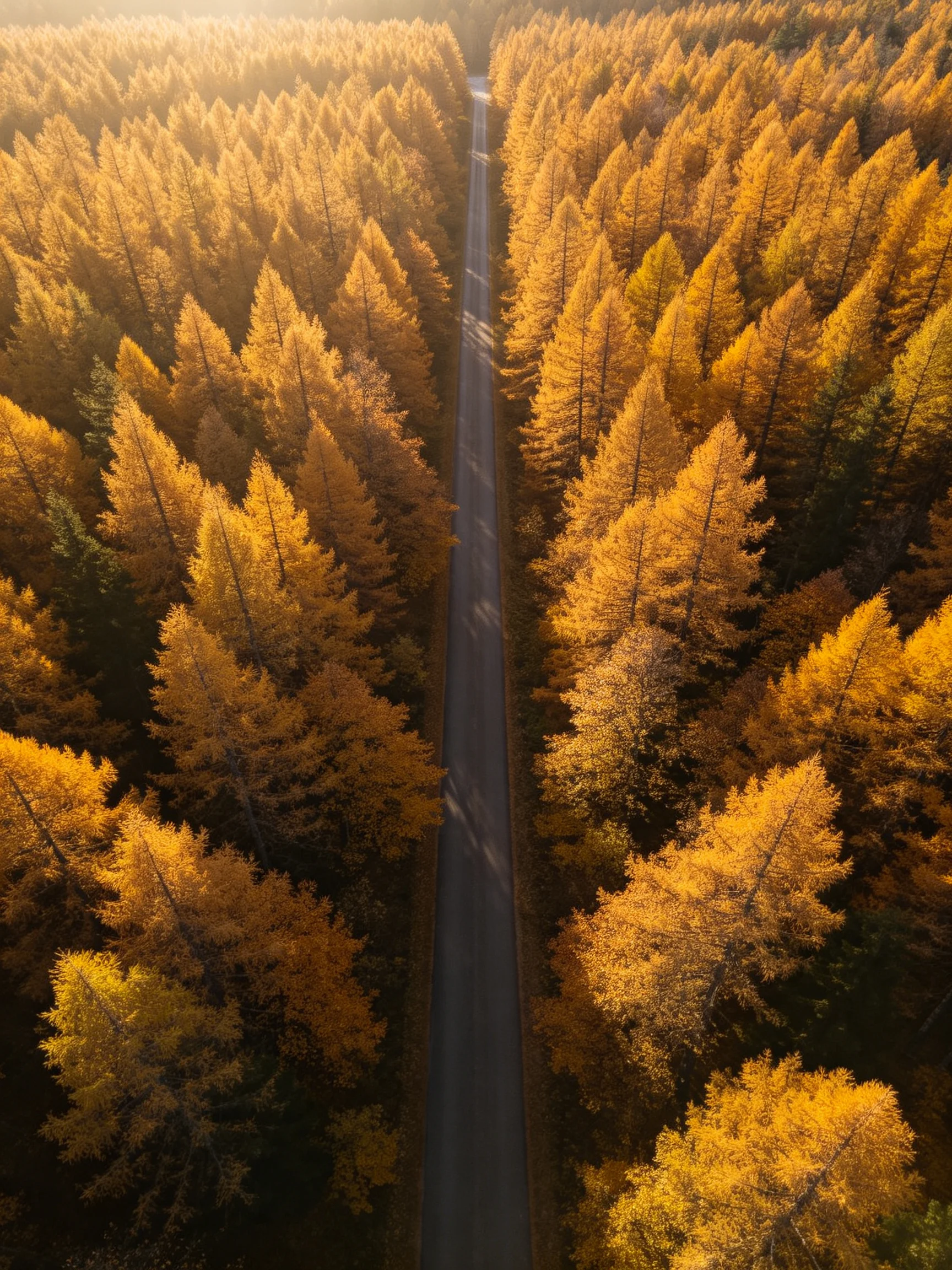 A narrow road cuts through dense golden autumn forests