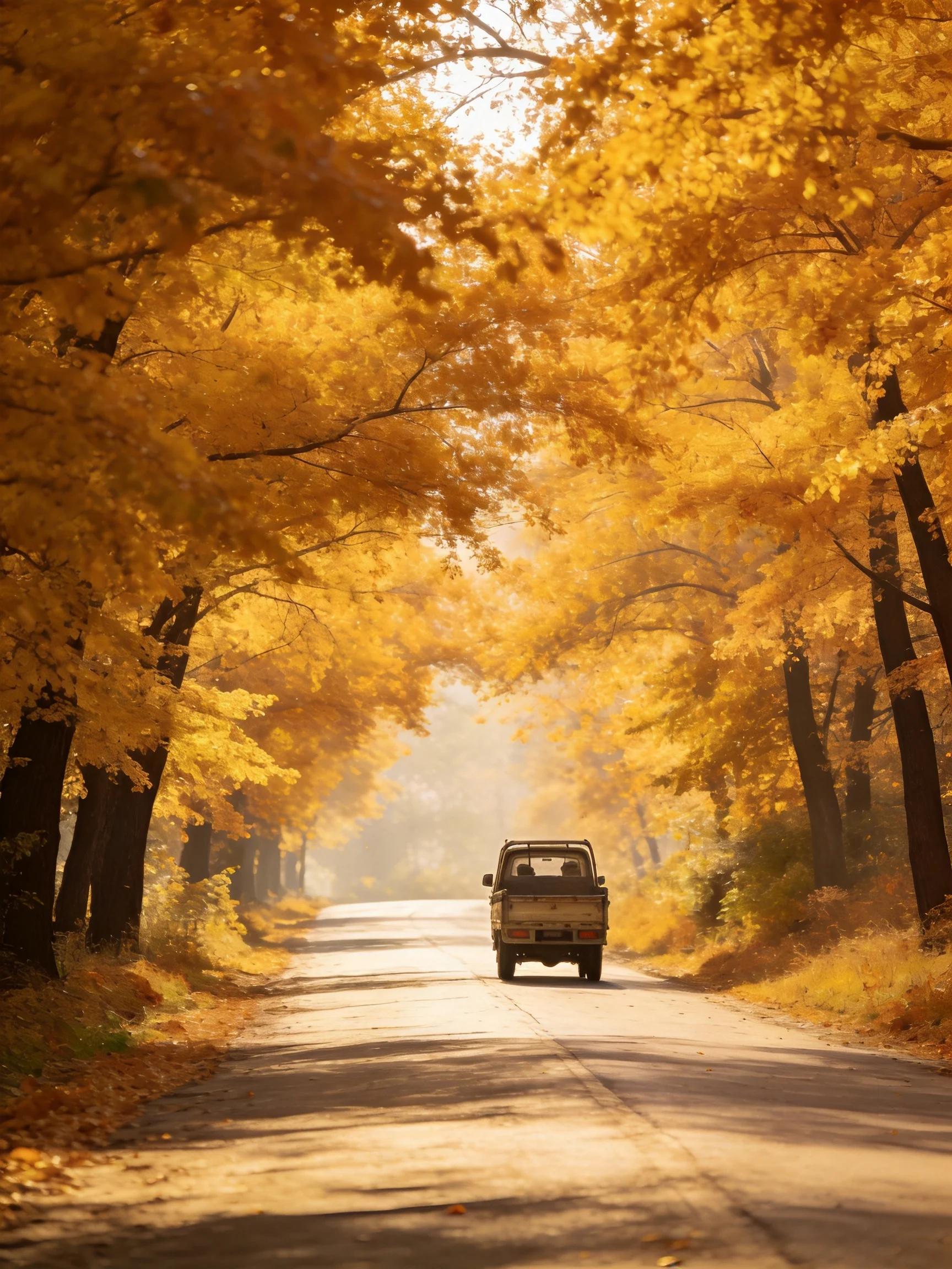 A narrow road lined with golden autumn trees and a small truck