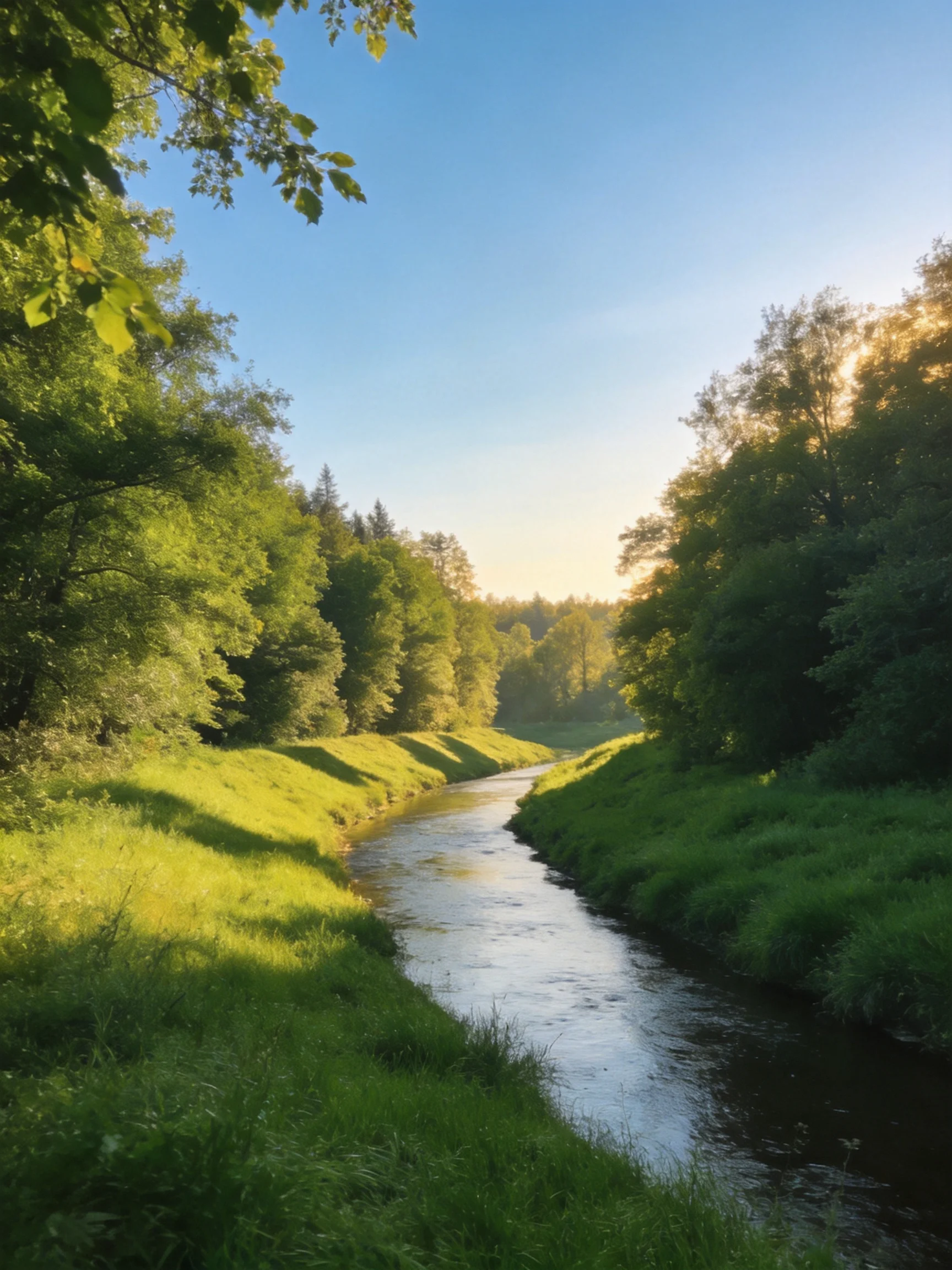 A narrow stream winds through lush green landscapes under sunny skies