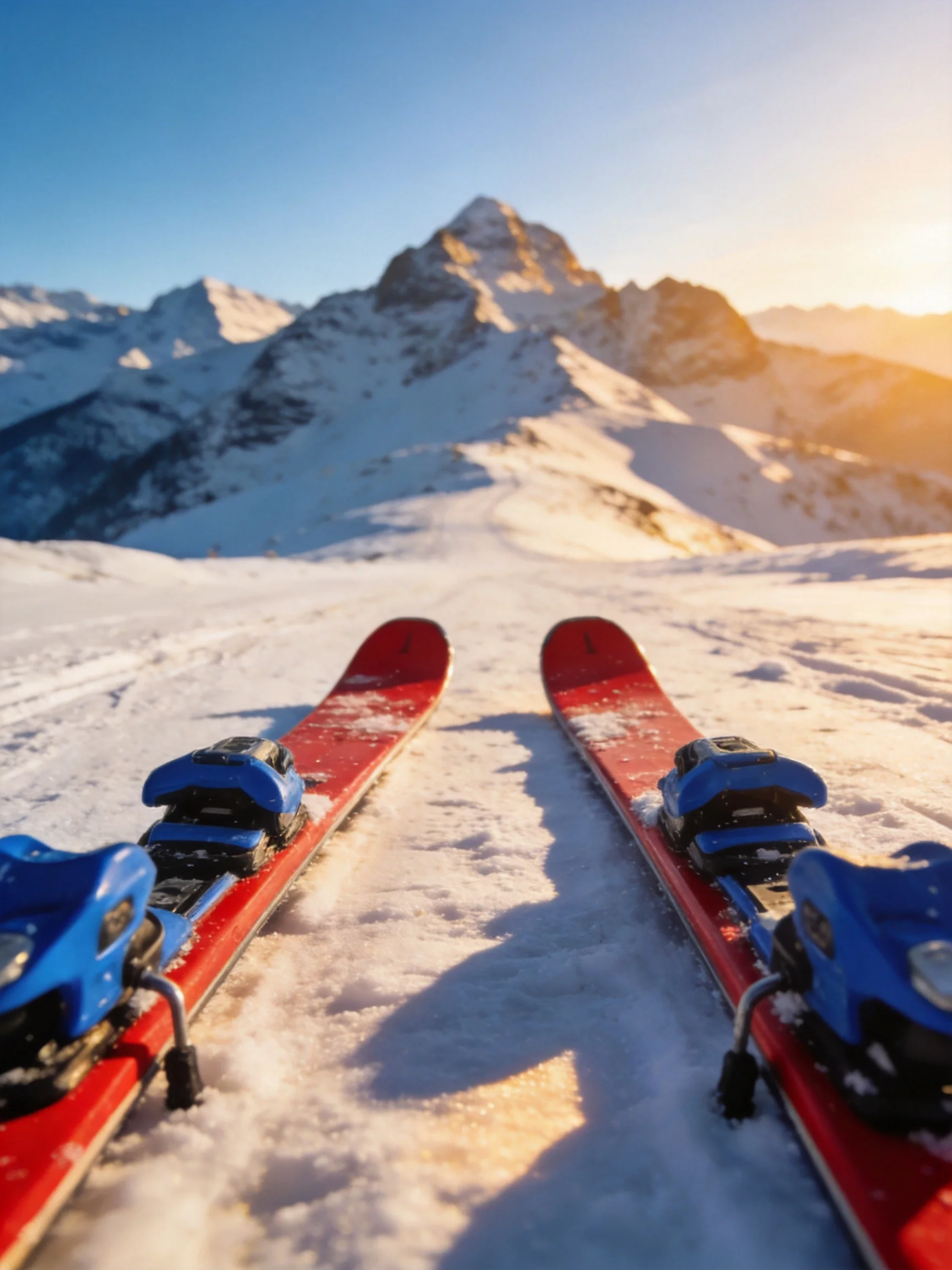 A pair of red skis sits on a snow - covered mountain slope with towering peaks