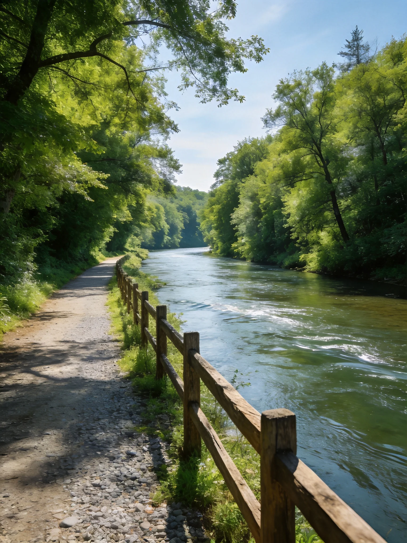 A peaceful riverside scene with a gravel path and wooden fence