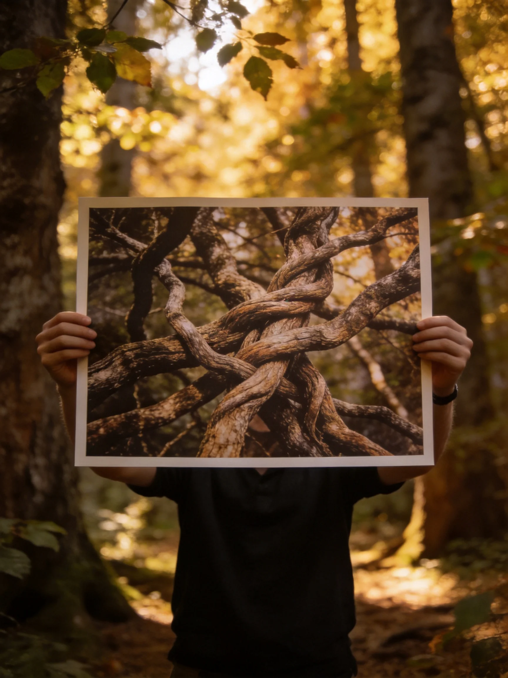 A person holds a photograph of intertwined tree roots in a sunlit forest