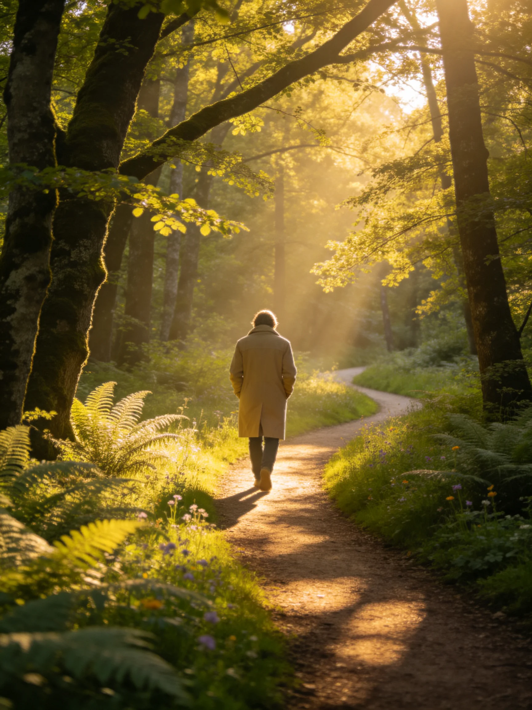 A person in a beige coat walks down a sun-drenched forest path amid lush greenery