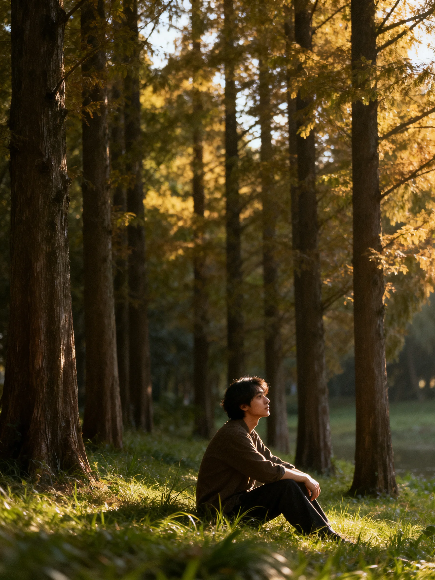 A person sits among tall trees with golden autumn foliage