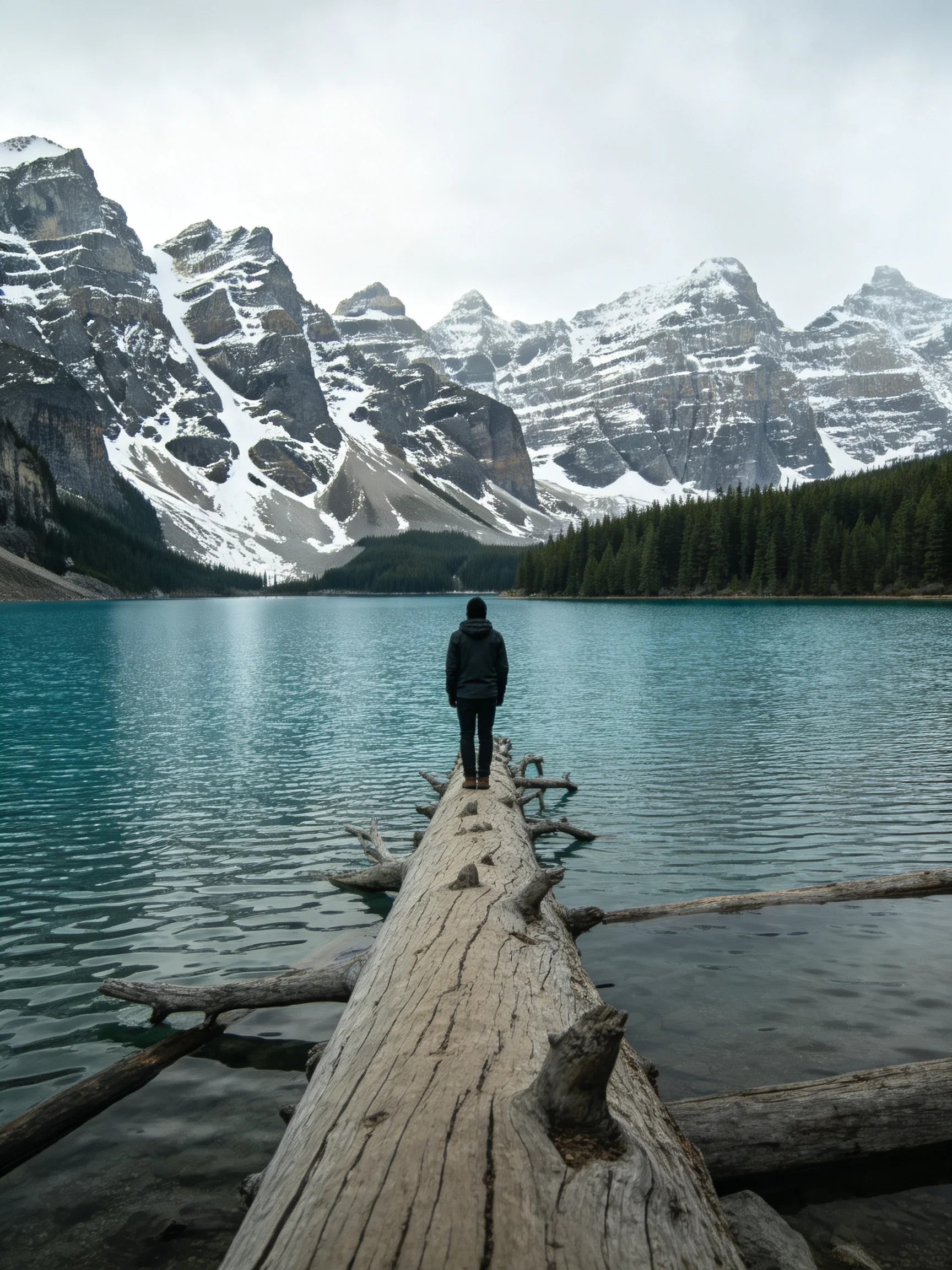 A person stands on a log bridge over a turquoise lake with snow-capped mountains