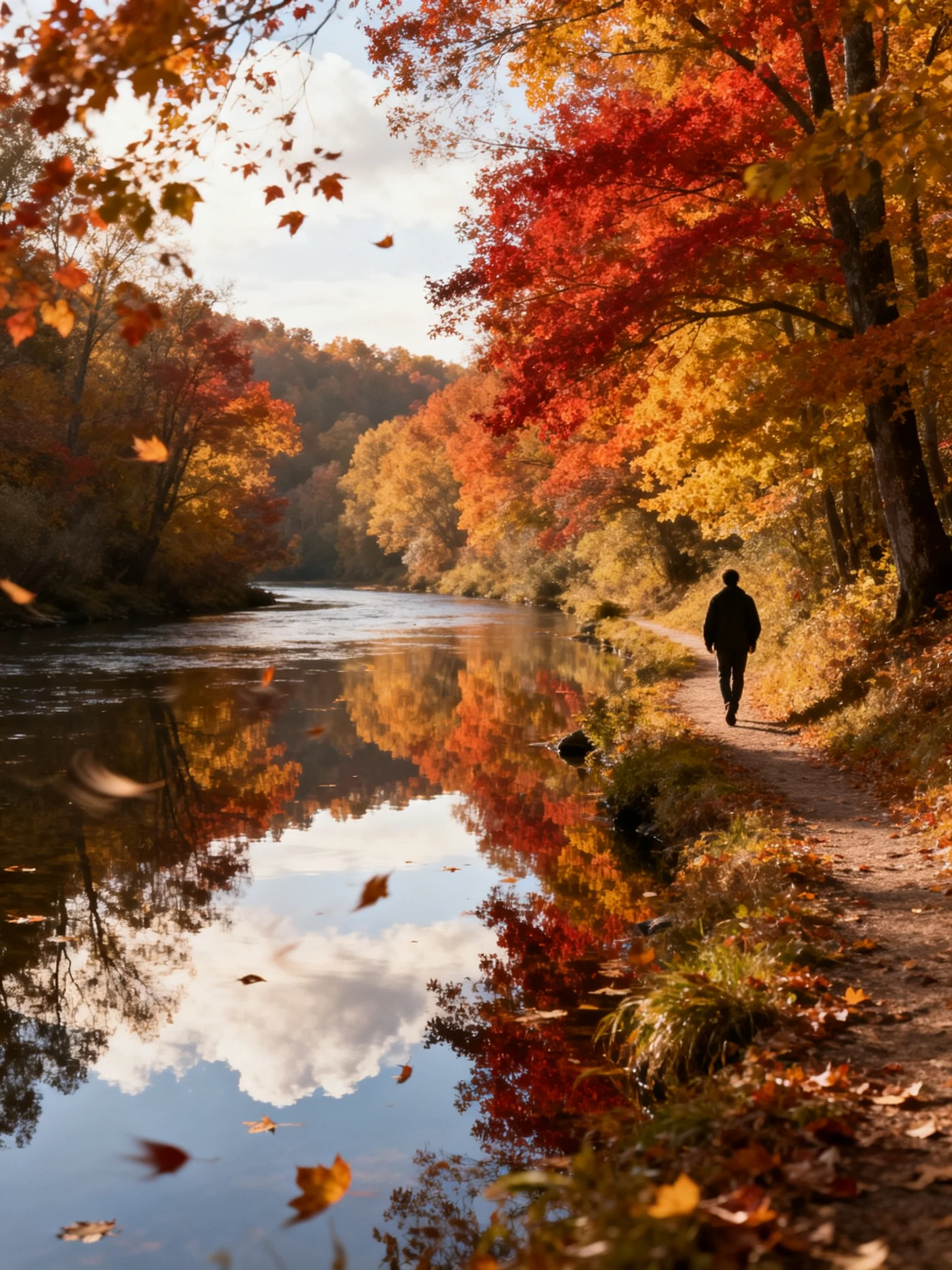 A person walks along a leaf-strewn path beside a calm river with vibrant fall trees