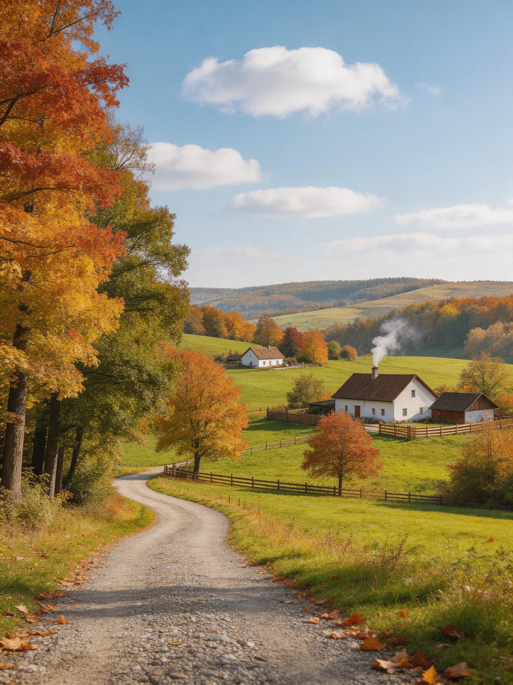 A picturesque autumn countryside with winding dirt road and farmhouses