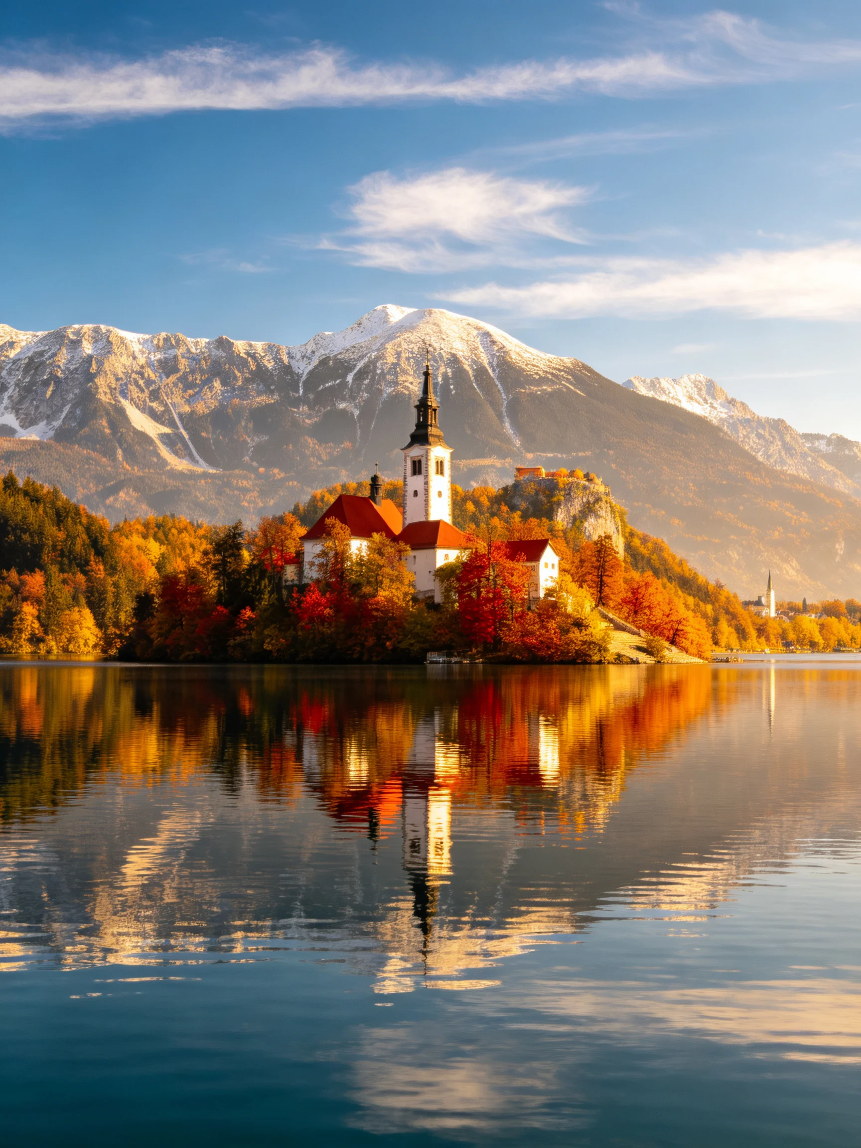 A picturesque island church amid autumn foliage near snow - capped mountains