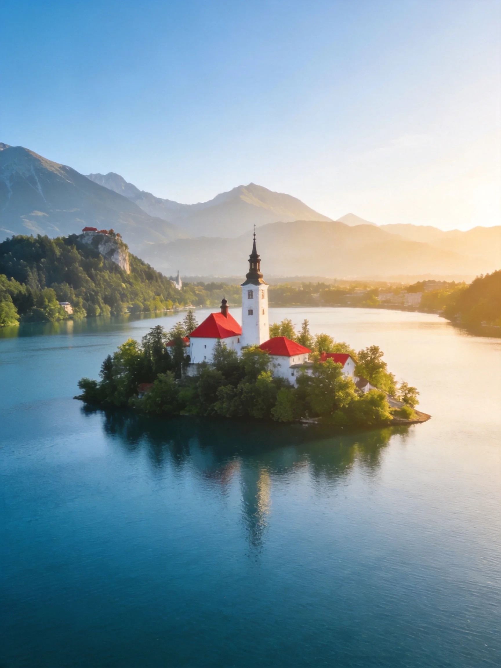 A picturesque island church with red roofs on a serene lake