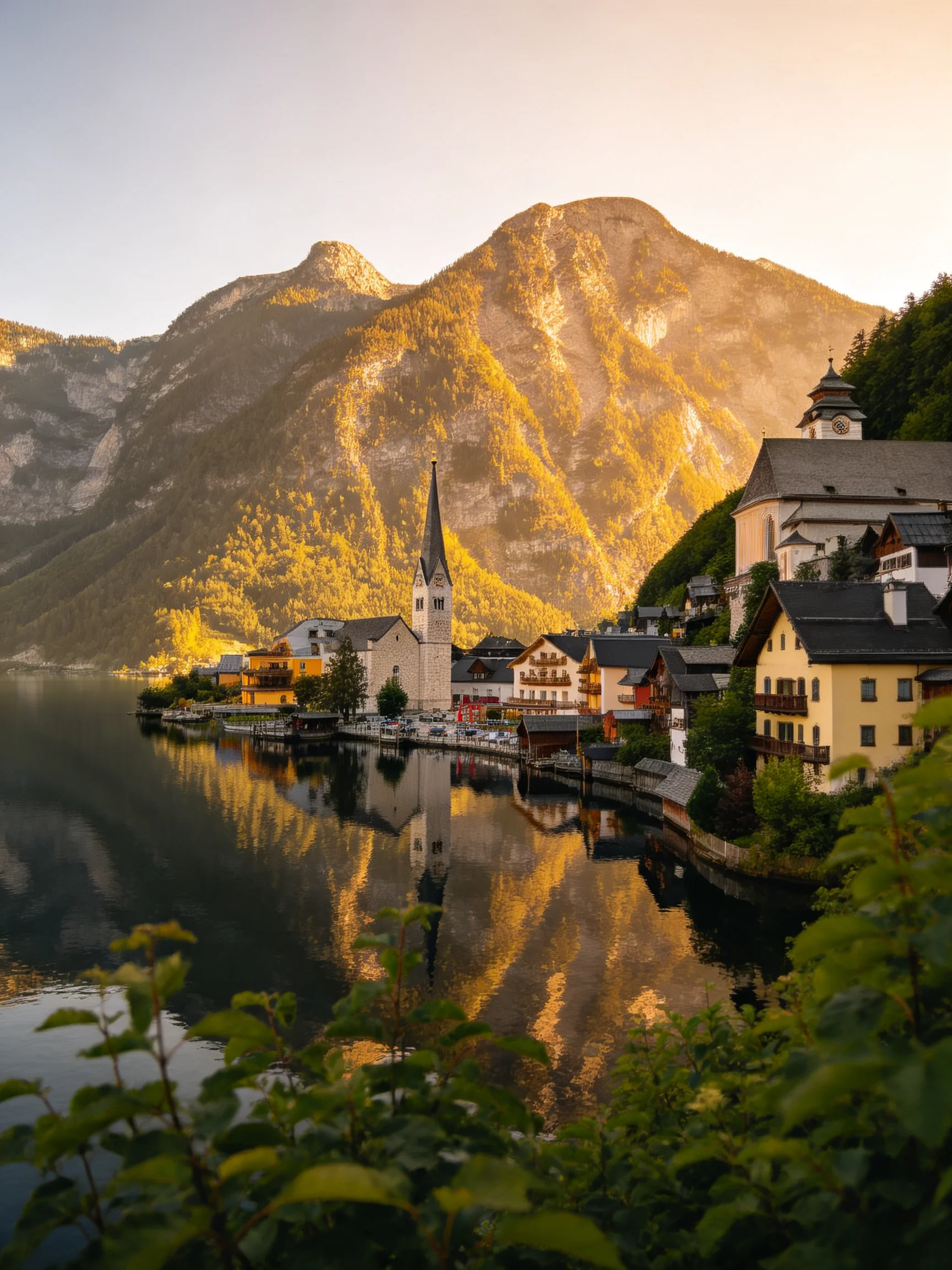 A picturesque village by a reflective lake with golden-hued mountains