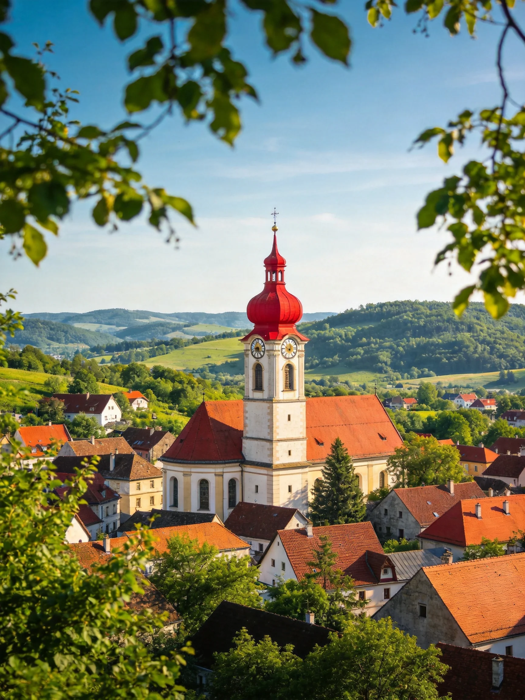 A picturesque village with a striking red-domed church and rolling green hills