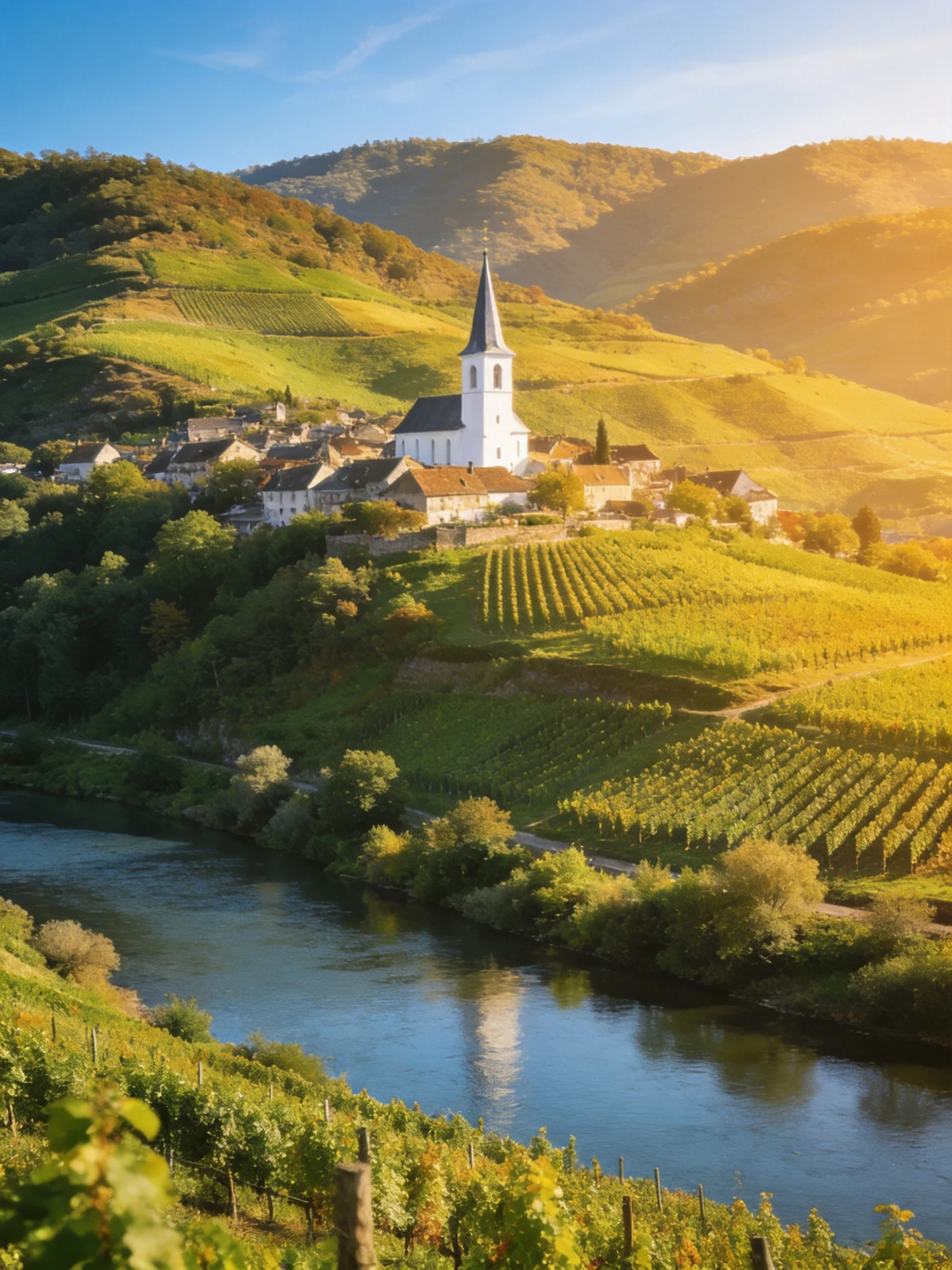 A picturesque village with white church near golden vineyards and river