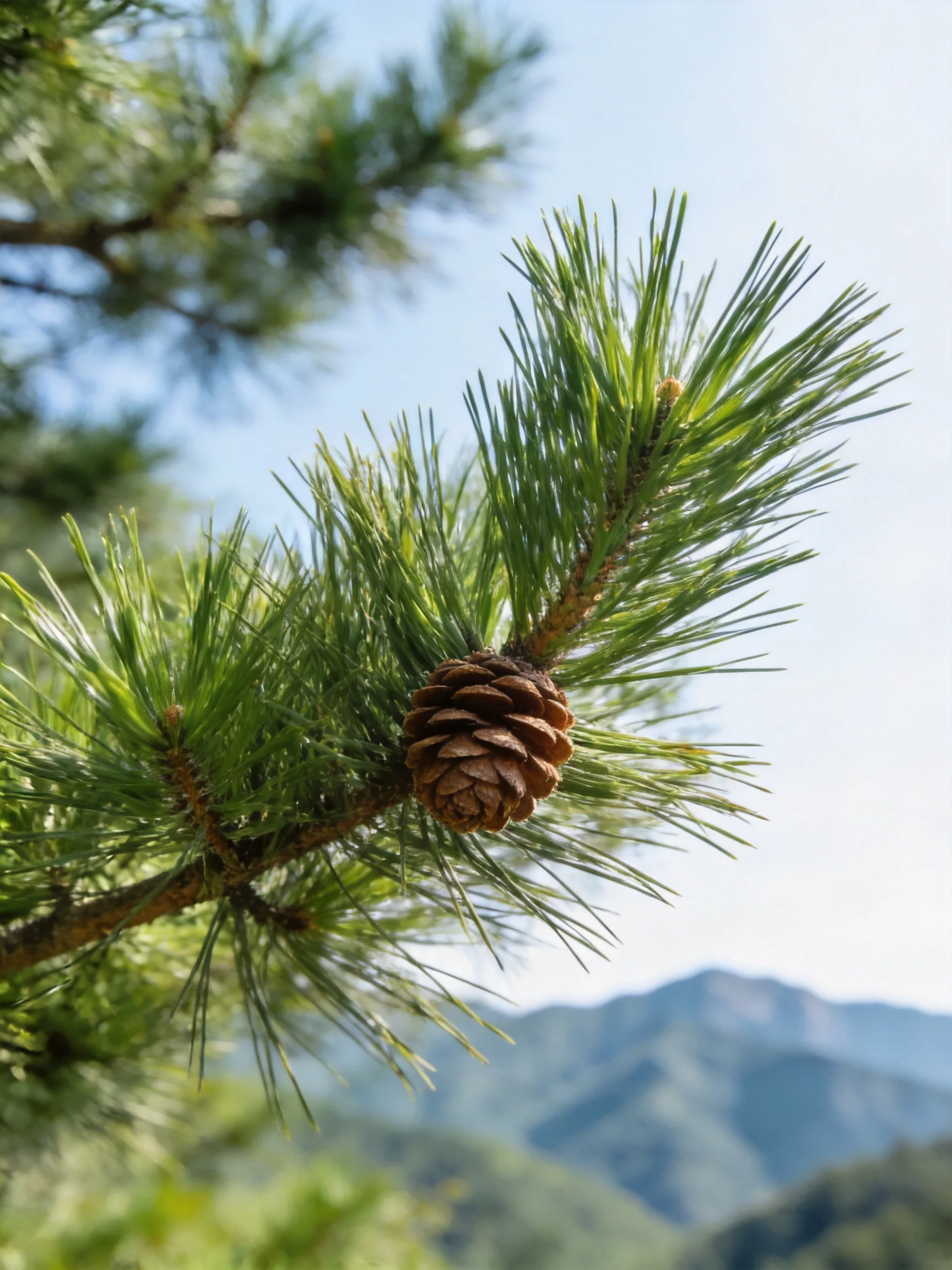 A pine branch with vibrant green needles and a brown pinecone near mountains
