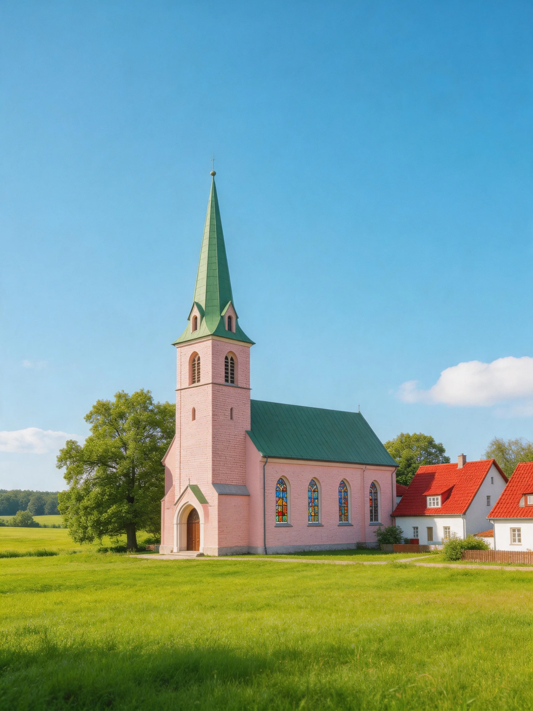 A pink church with a green spire near red-roofed houses