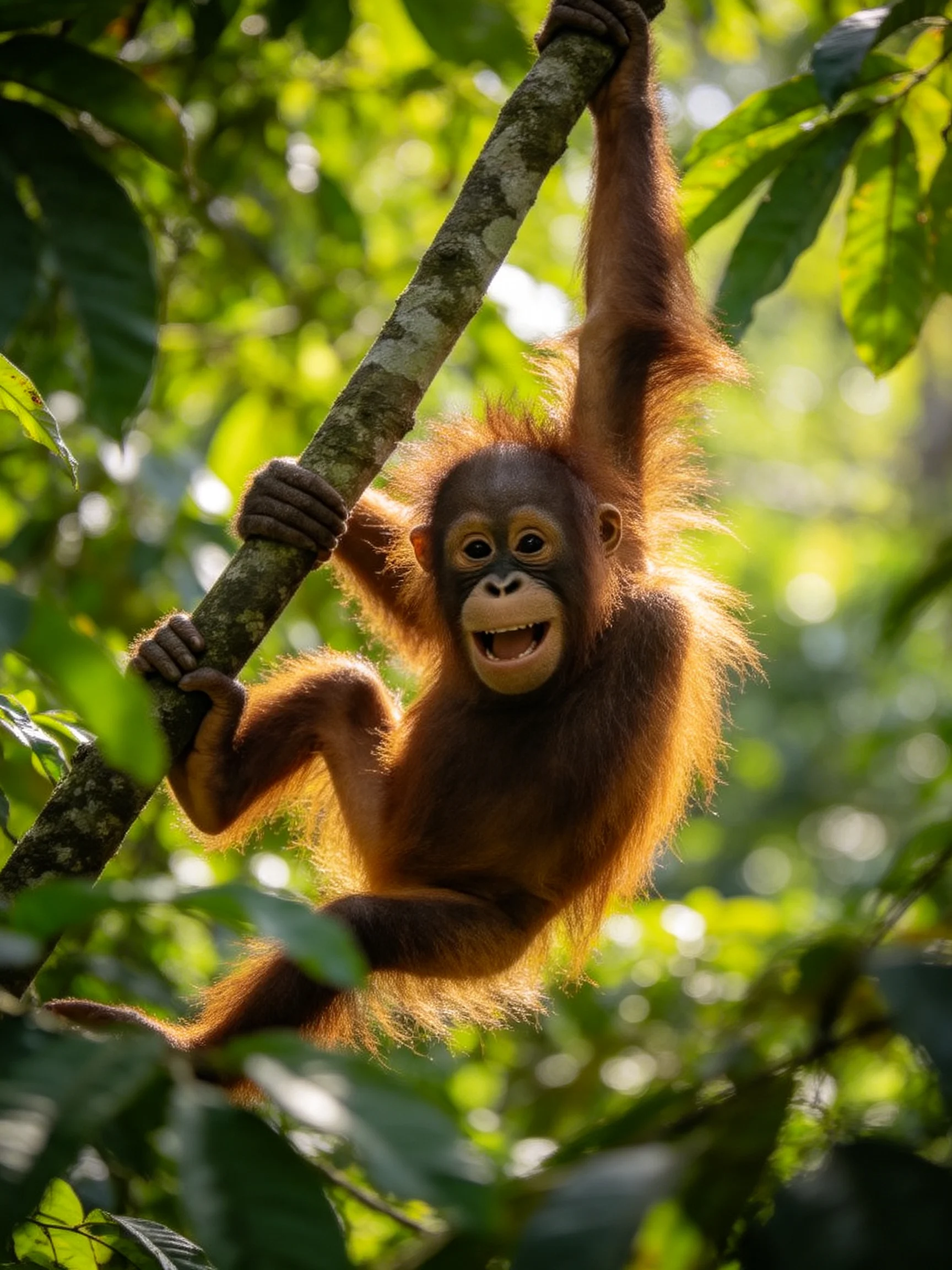 A playful young orangutan swinging from a tree branch in lush green forest