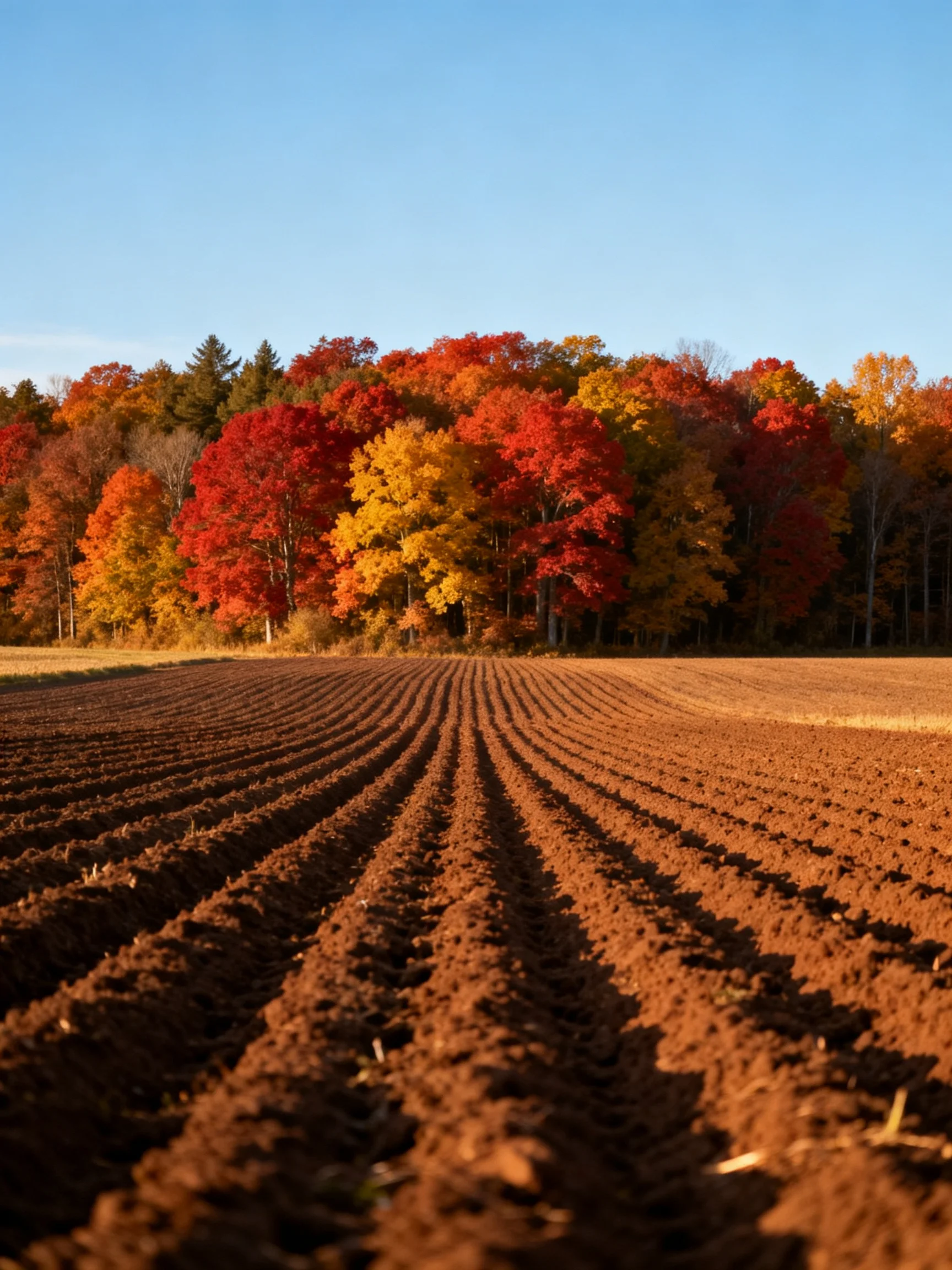 A plowed brown field adjacent colorful autumn trees